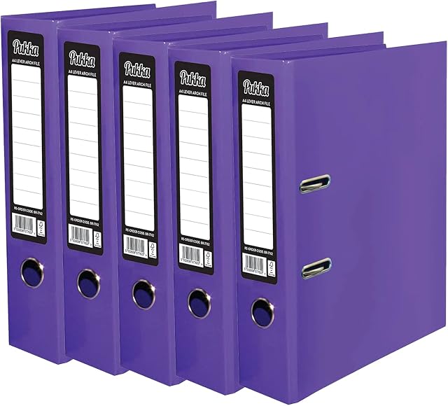 5 x Pukka A4 Glossy 2-Ring Lever Arch File School Work Office 75mm Spine File Organiser (Purple)