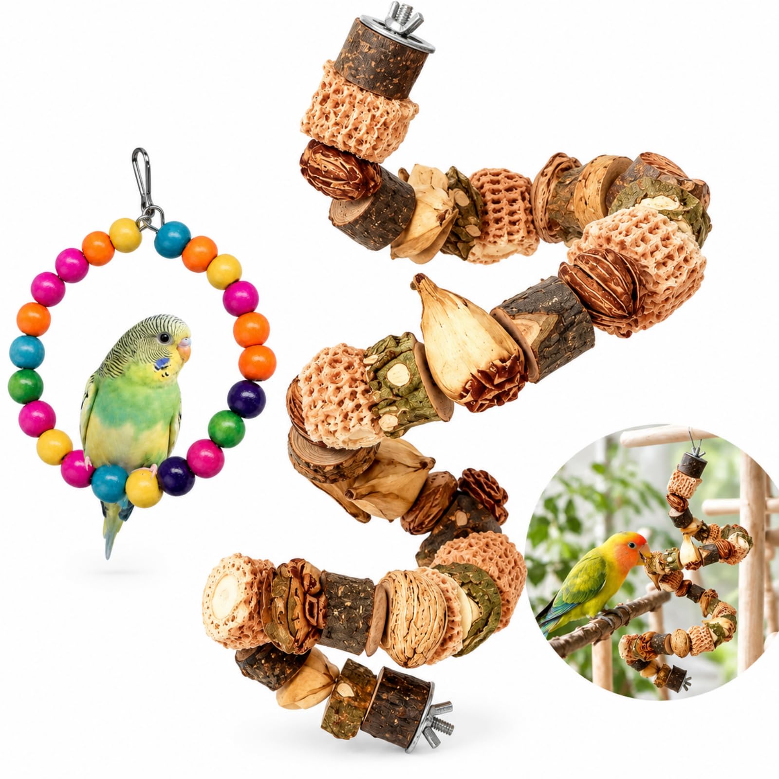 2-Piece Budgie Toys Set with 60 cm Flexible Perch and Bead Ring Swing