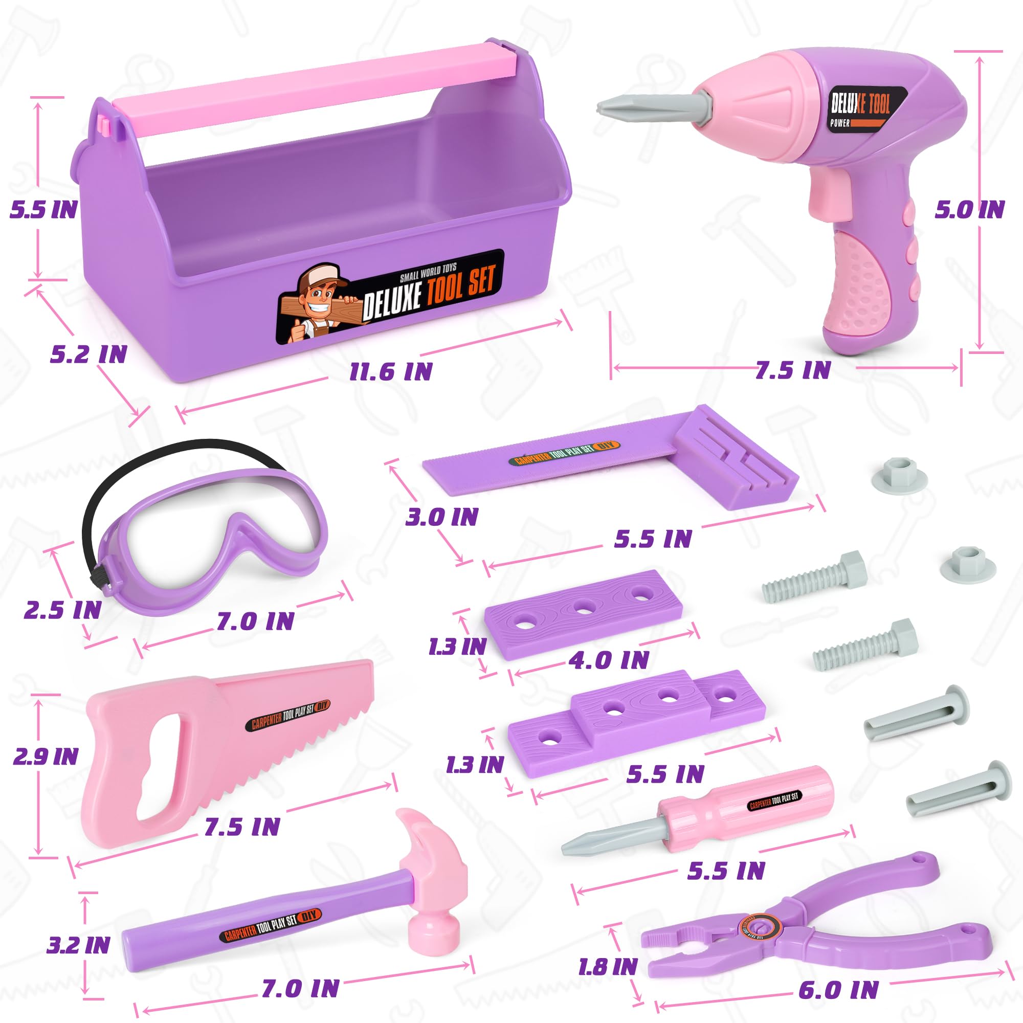 Kids Tool Set - Tool Box & Electronic Toy Drill, Pretend Play Kids Construction Tool Kit,18 Pcs Toddler Tool Set Birthday, for Boys, and Girls Ages 3 4 5 6 7 Year Old(Purple)