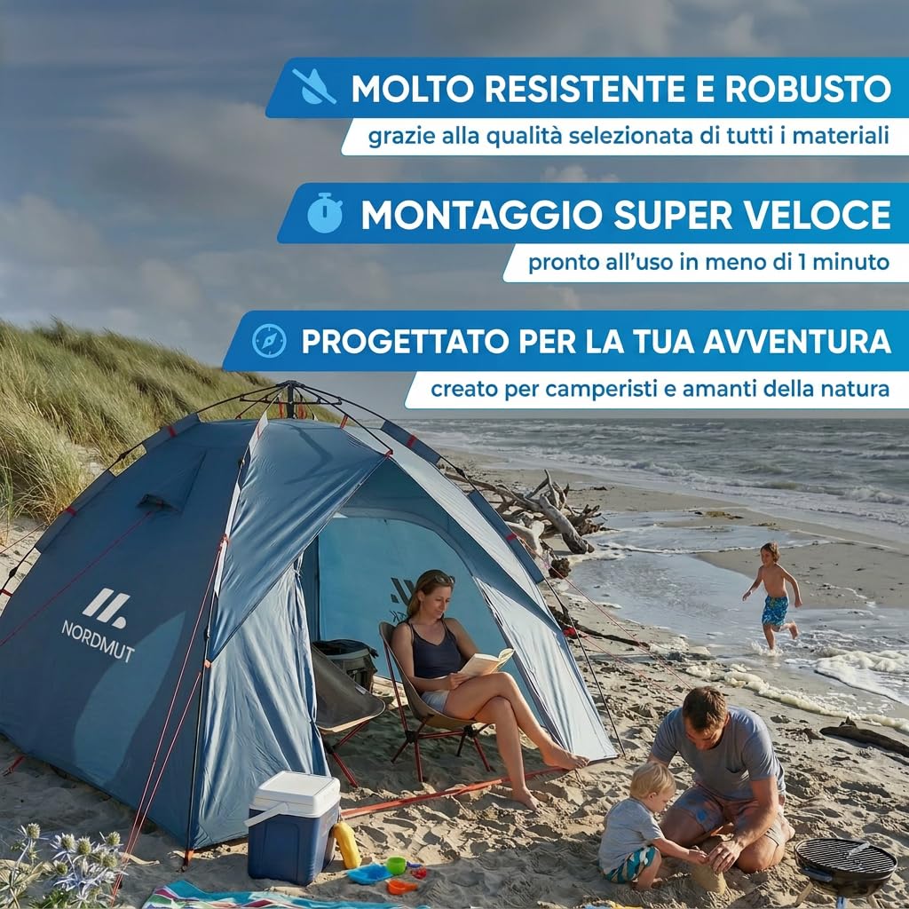 NORDMUT® Tenda Pop-Up 2-4 Persone – Montaggio Istantaneo, Impermeabile & Protezione UV – Tenda da Campeggio con Ottima Circolazione dell’Aria
