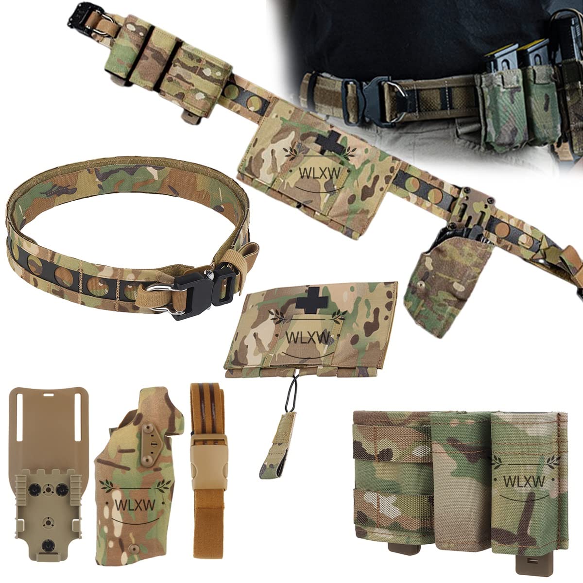 WLXW Genuine Camo Quick Releaseo Airsoft Holster & Tactical Belt Set, with Tactical First Aid Kits Molle EMT Pouch,5.56 Mag Pouch Double 9mm MOLLE Magazine Pouch, Paintball Hunting Combat Gear (Color