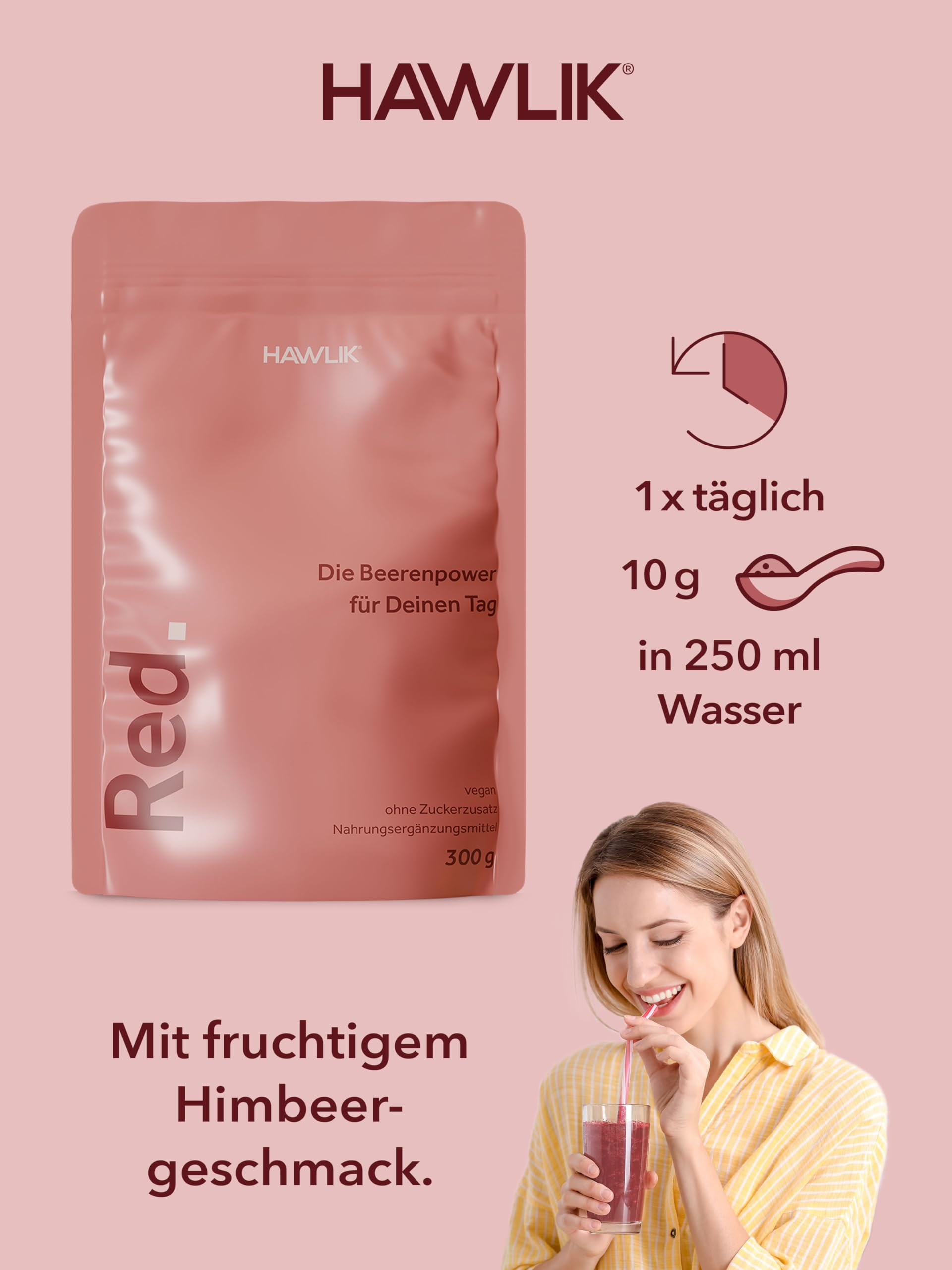 HAWLIK Red. – Beerenpower-Drink mit Vitalpilzen & Ballaststoffen – 39 Nährstoffe – vegan, ohne Zuckerzusatz, laktosefrei – 300g Pulver
