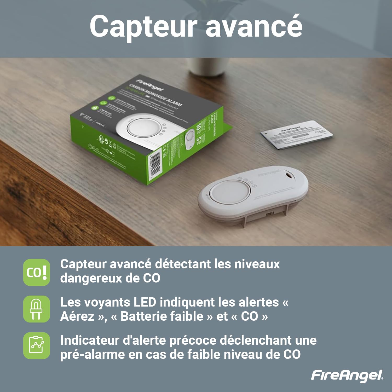 FireAngel FA3820 Détecteur de Monoxyde de Carbone CO, Capteur de Monoxyde de Carbone, Détecteur de CO Portable, Pile Scellée 10 Ans, Maison, Voyage