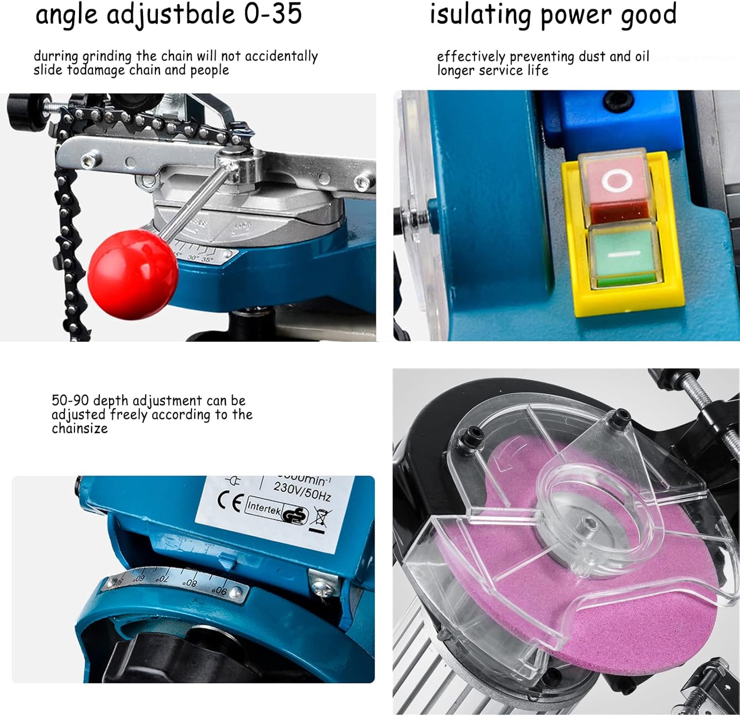 230W Electric Chainsaw Sharpener, Multi-Angle Adjustable Chain Saw Sharpener, Bench Adjustable Chains Grinder Heavy Duty Tools with 2X Grinding Wheels, 3000RPM Motor for 1/4-3/8 inch Chainsaw Chains