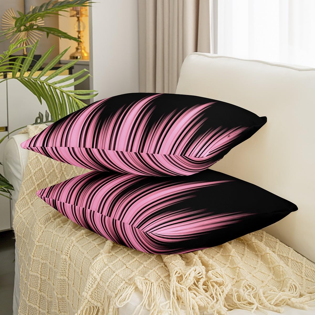 Homemissing Ombre 18x18 Inch Pink Ombre Reversible Throw Pillow Covers Boys Abstract Pink and Black Square Cushion Covers Set of 2 Lines Pillows Covers - Image 3