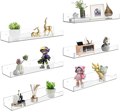 15 Inch Clear Acrylic Floating Shelf 4 Inch Wide Set of 6 for Wall