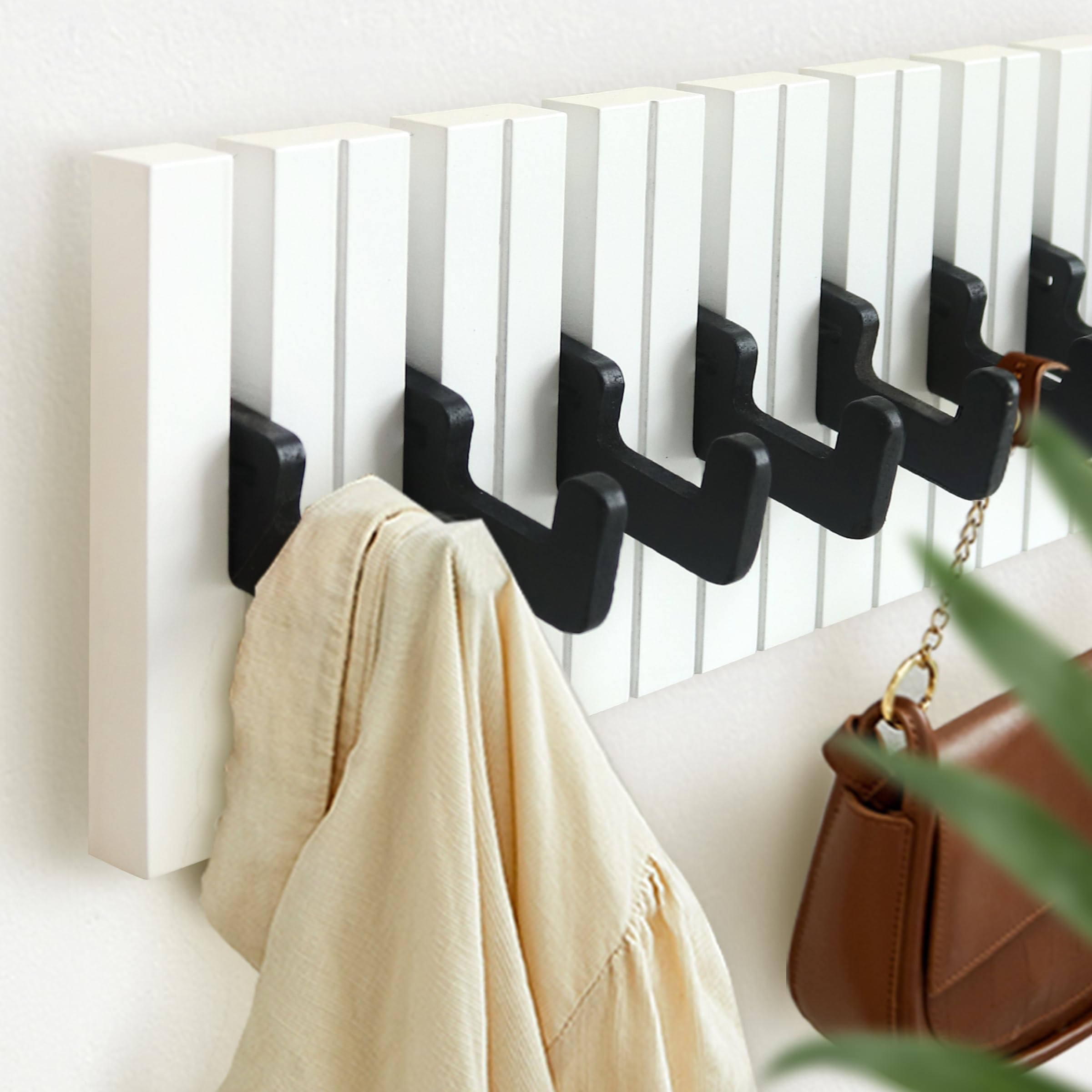 RICOO Garderobenleiste Wandgarderobe Kindergarderobe Piano Design ausklappbar WM1886-L Garderobe Wand Hakenleiste Kleiderhaken klappbar 9 Haken Holz Klavier Garderobenhaken