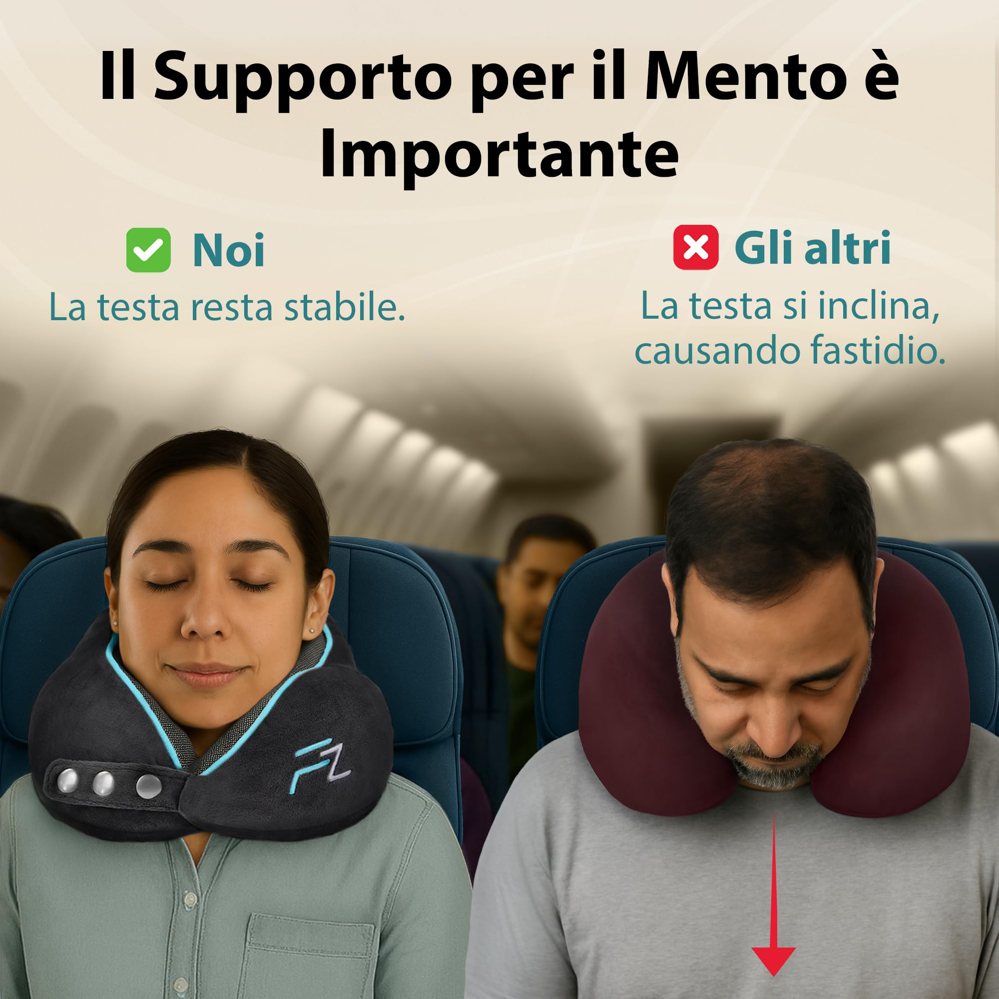 FLOWZOOM Comfy Cuscino da Viaggio per Aereo e Auto – Cuscino per il Collo Regolabile in Schiuma Memory con Supporto a 360°, Fodera Vellutata Lavabile e Sacchetto in Rete per il Trasporto – Nero