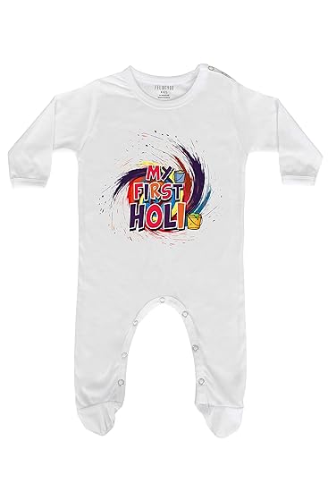 Fflirtygo Baby Wear 100% Hosiery Cotton Holi Special Rompers with Booties/Onesies/Body Suit/Sleepsuit/Jumpsuit Full Sleeve My First Holi Romper for Boys and Girls