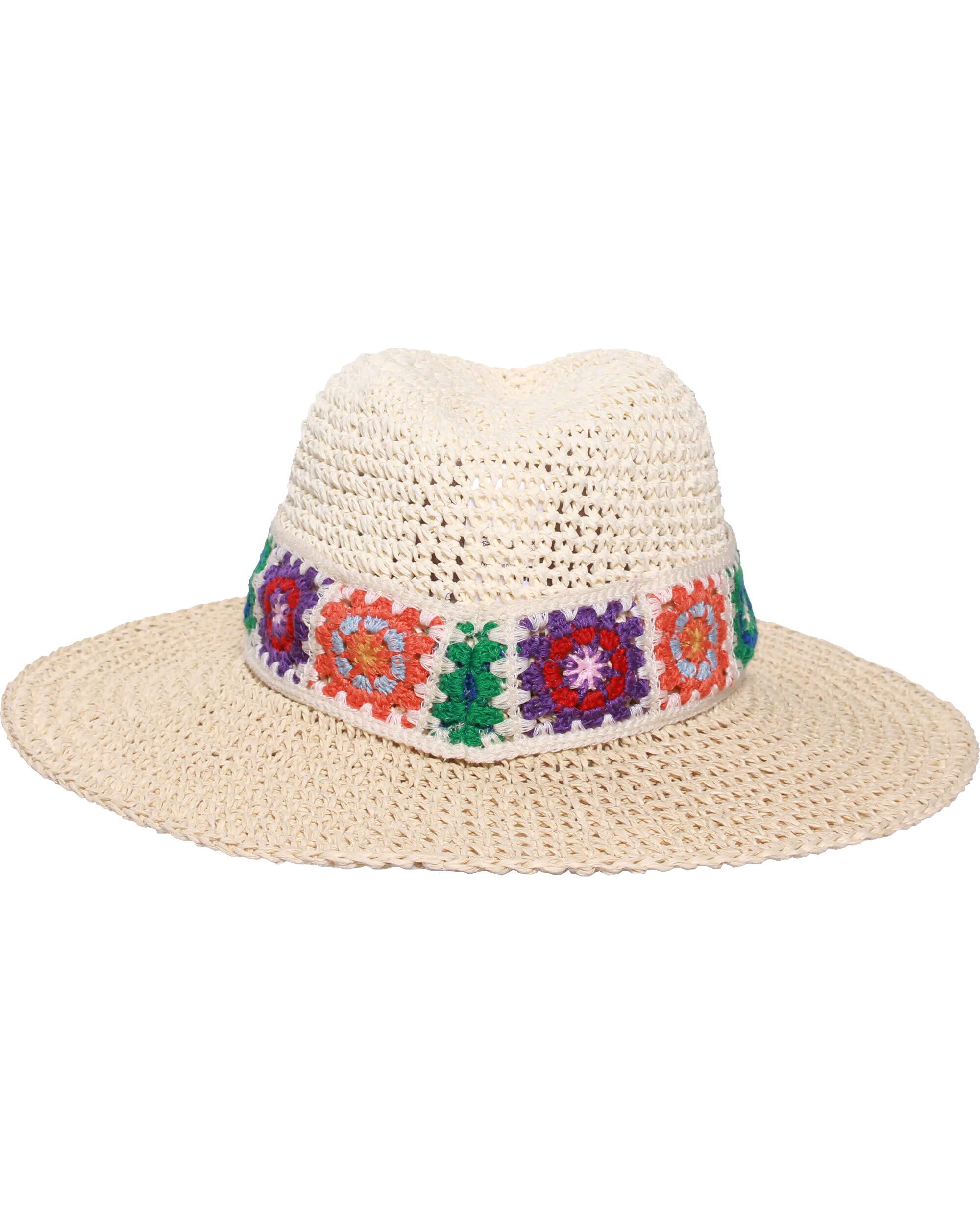 LOEVENICH Damen Fedora Hut gehäkeltes Papier Boho Blumen leicht atmungsaktiv 37 x 11 cm White Pepper