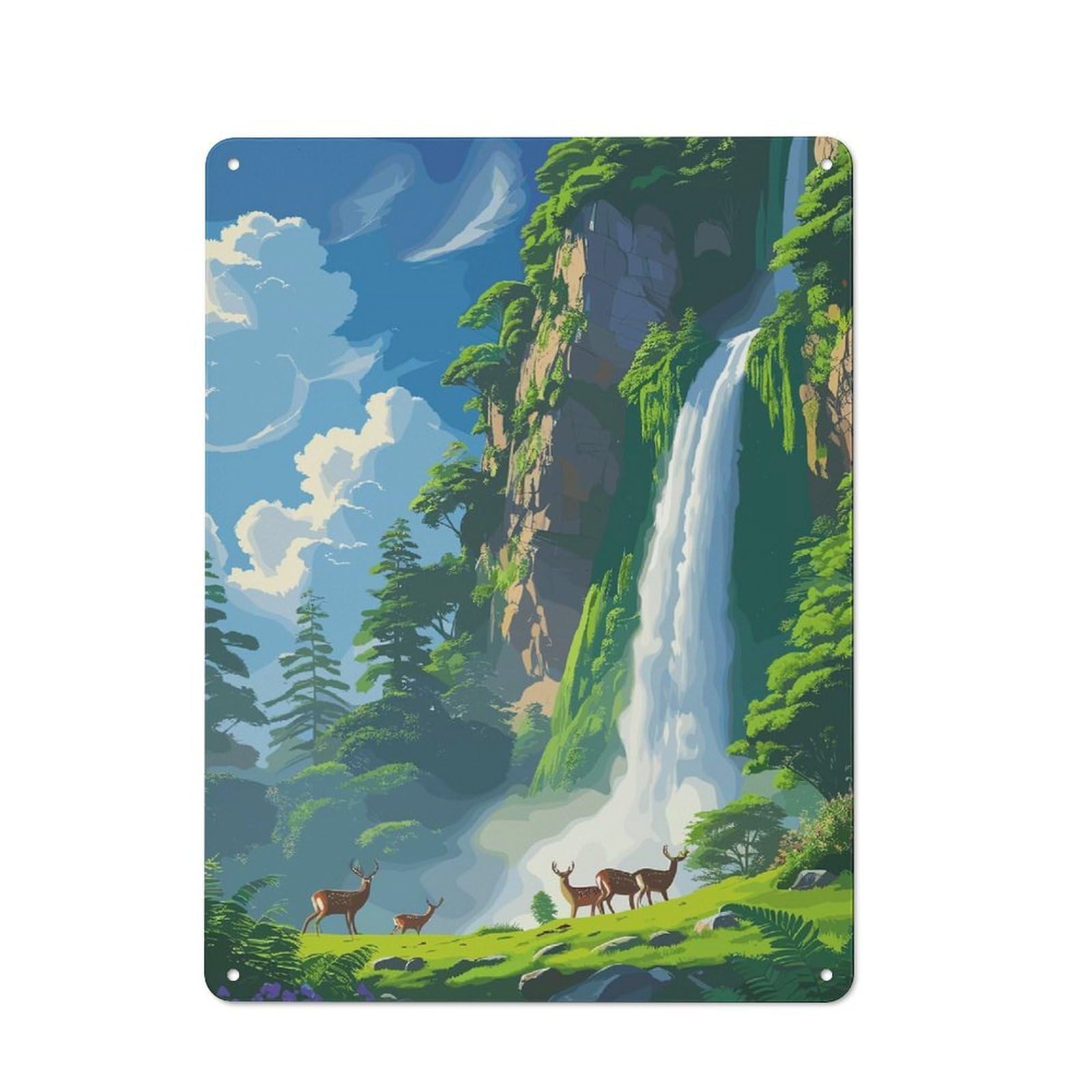 Junmoney Waterfall Landscape With Deer Vintage Tin Sign 40X30cm With For Living Room Or Hallway, For Living Room Decor Lovers