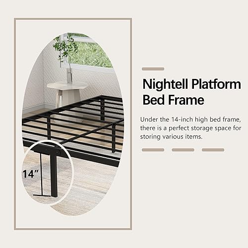 Miniatura 17 de Marco de cama de plataforma individual de 18 pulgadas, soporte de listones de acero resistente de 2500 libras, sin ruido, no necesita somier, fácil