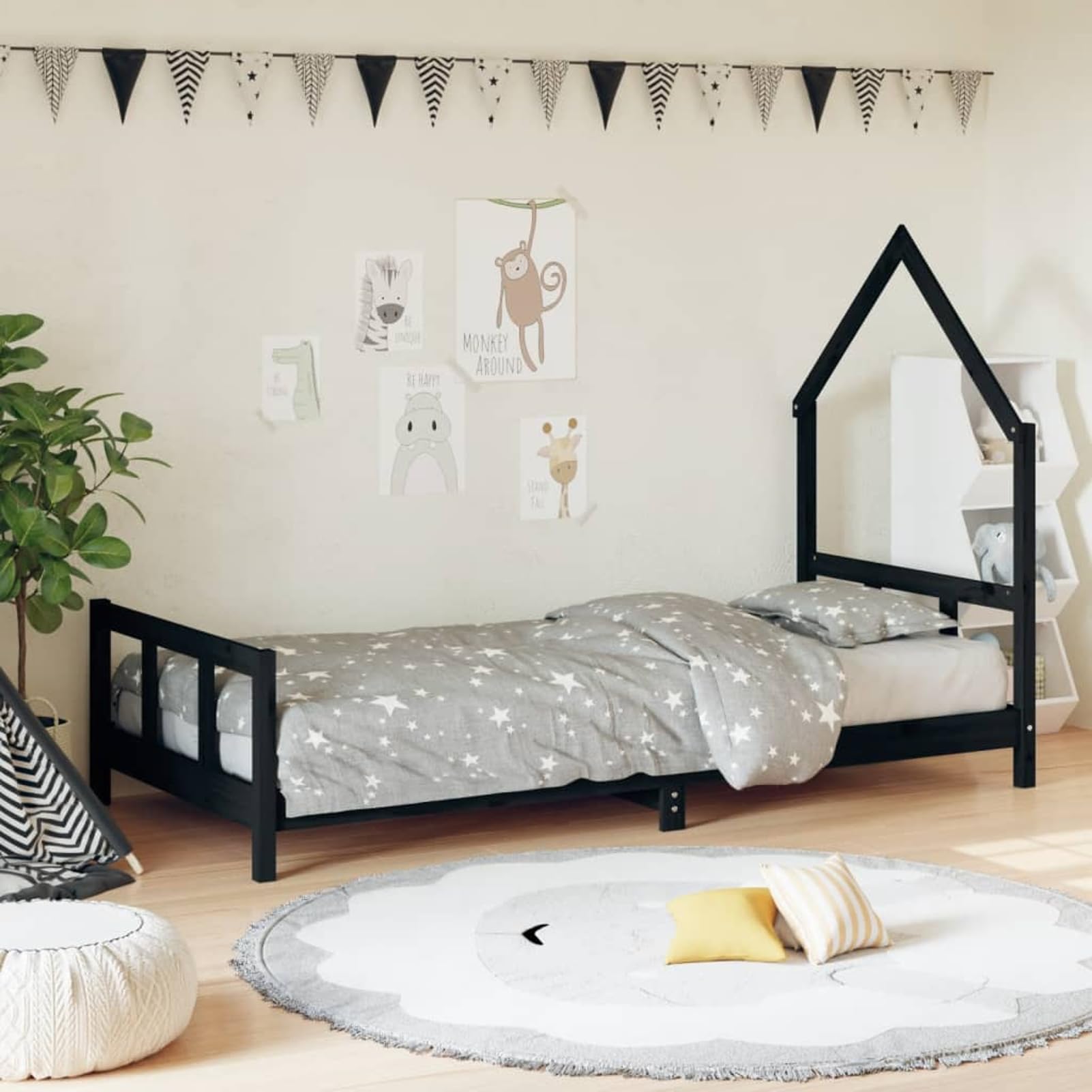 Holz Kinderbett Hausform Schwarz 205,5x95,5x136cm für Kinder ab 4 Jahren Model834569