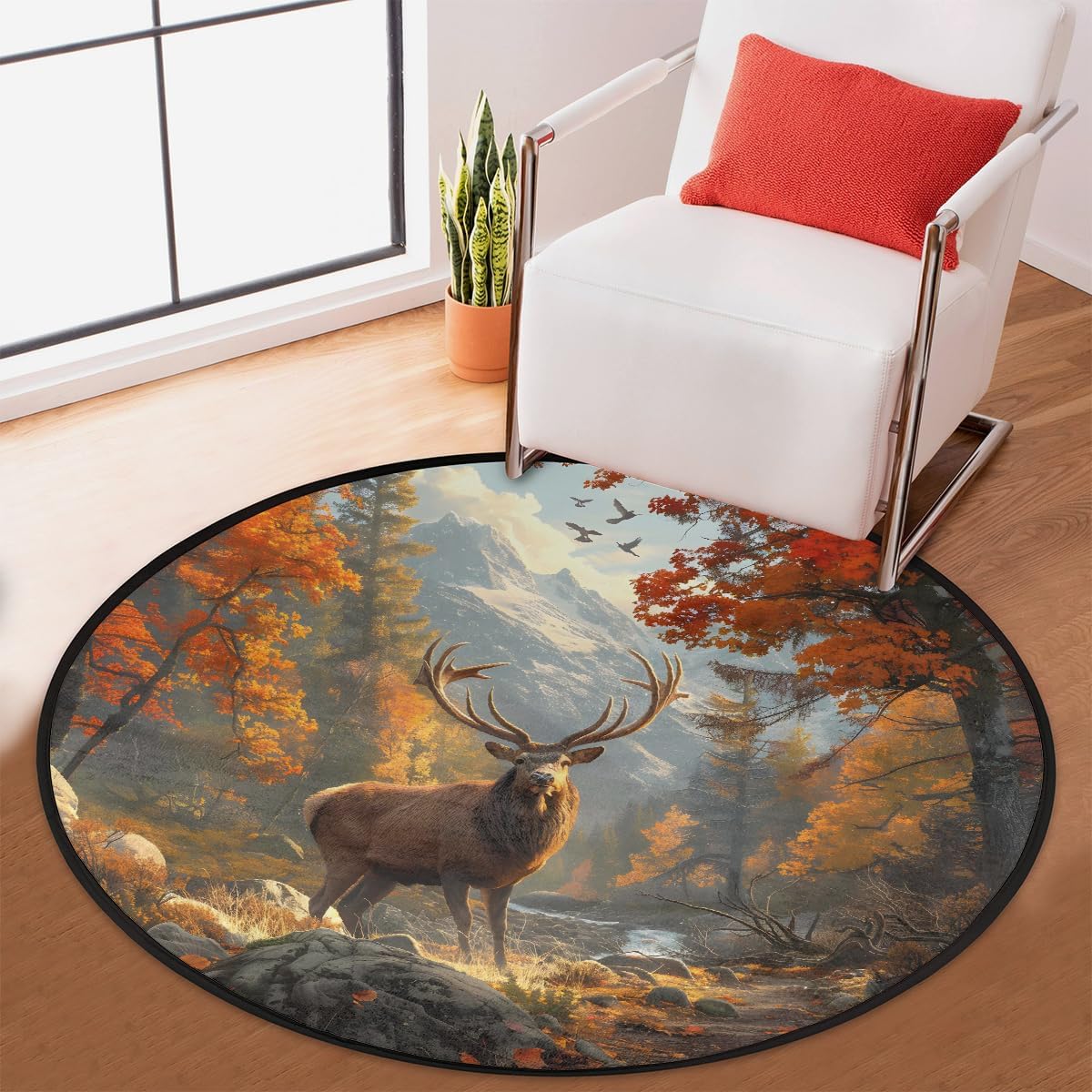 5 Ft Small Round Rug Forest Deer Fall Soft Circle Area Rugs Non Slip Washable Circular Door Mat for Indoor Bedroom Living Room Nursery Kitchen Bathroom Entryway Home Carpet Decor