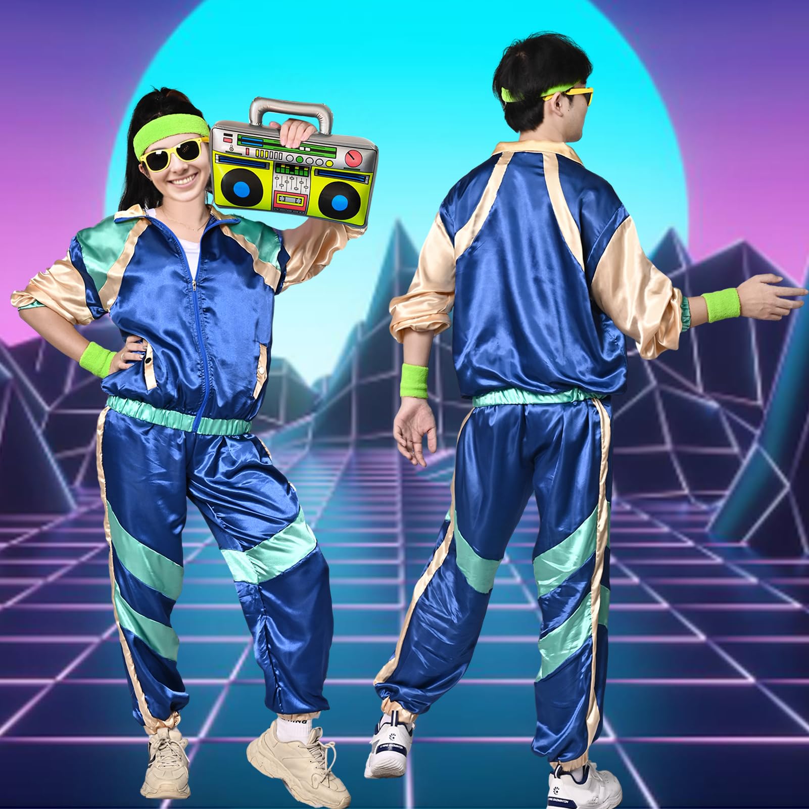 Retro lata 80-te i 90-te z kurtką Pary Odzież sportowa dla mężczyzn i kobiet z kurtkami i spodniami Hip Hop Raper, dyskoteka, Halloween, impreza, cosplay