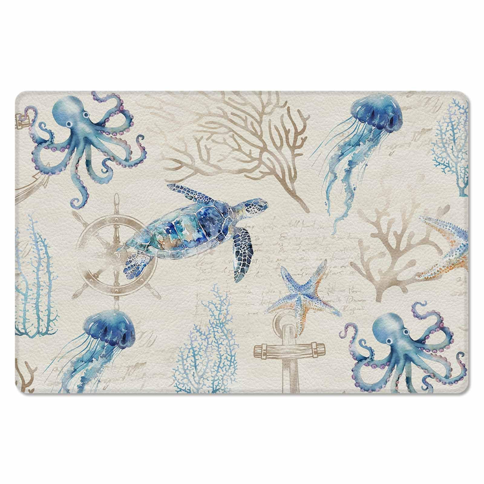 Nautical Coastal Antifatigue Kitchen Bath Door Mat Cushioned Runner Rug,Washable Welcome Floor Sink Mat,Waterproof Kitchen Standing Doormat,Turtle Octopus Jellyfish Starfish Blue Beige 20