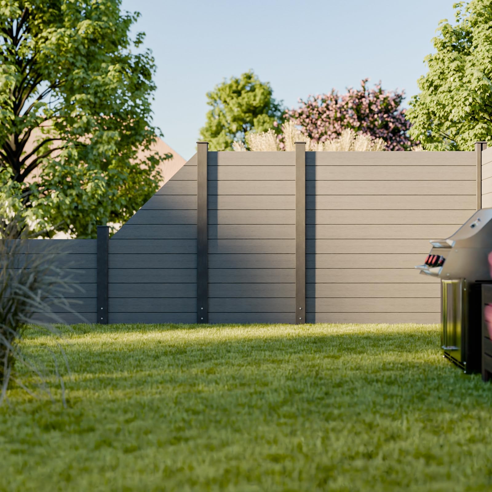 HORI WPC Sichtschutz Komplettset Stecksystem Zaun Garten Gartenzaun Lamellenzaun Windschutz Zaunelemente Komplettbausatz 1x Schräg + 1x kl. Pfosten - zum Einbetonieren - Zaun: Grau - Pfosten: Grau
