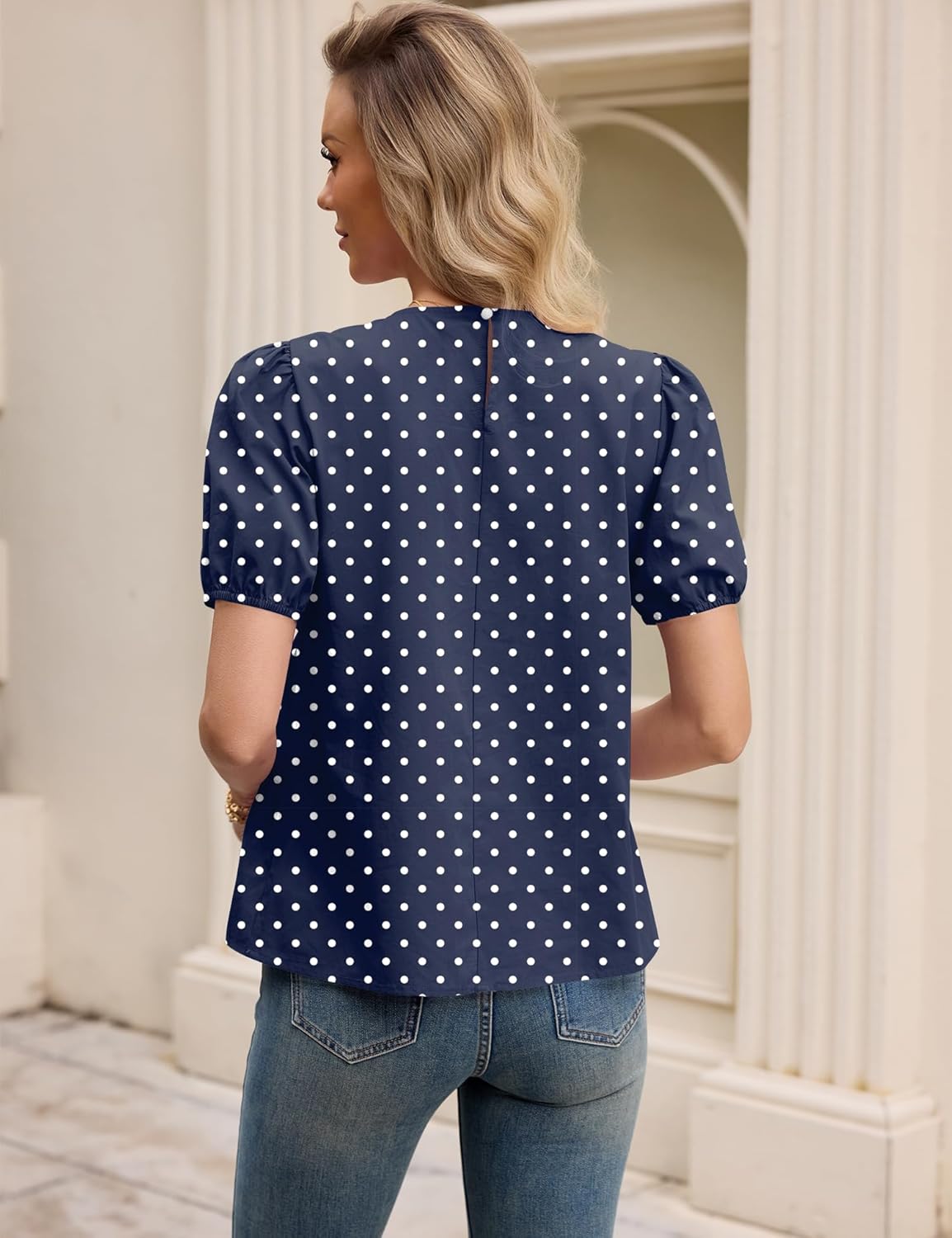 Rapbin Womens Tops Dressy Casual Crew Neck Pleated Loose Fit Babydoll Shirts Blouses with Puffy Sleeves (Navy Blue Polka Dot S) - Image 6