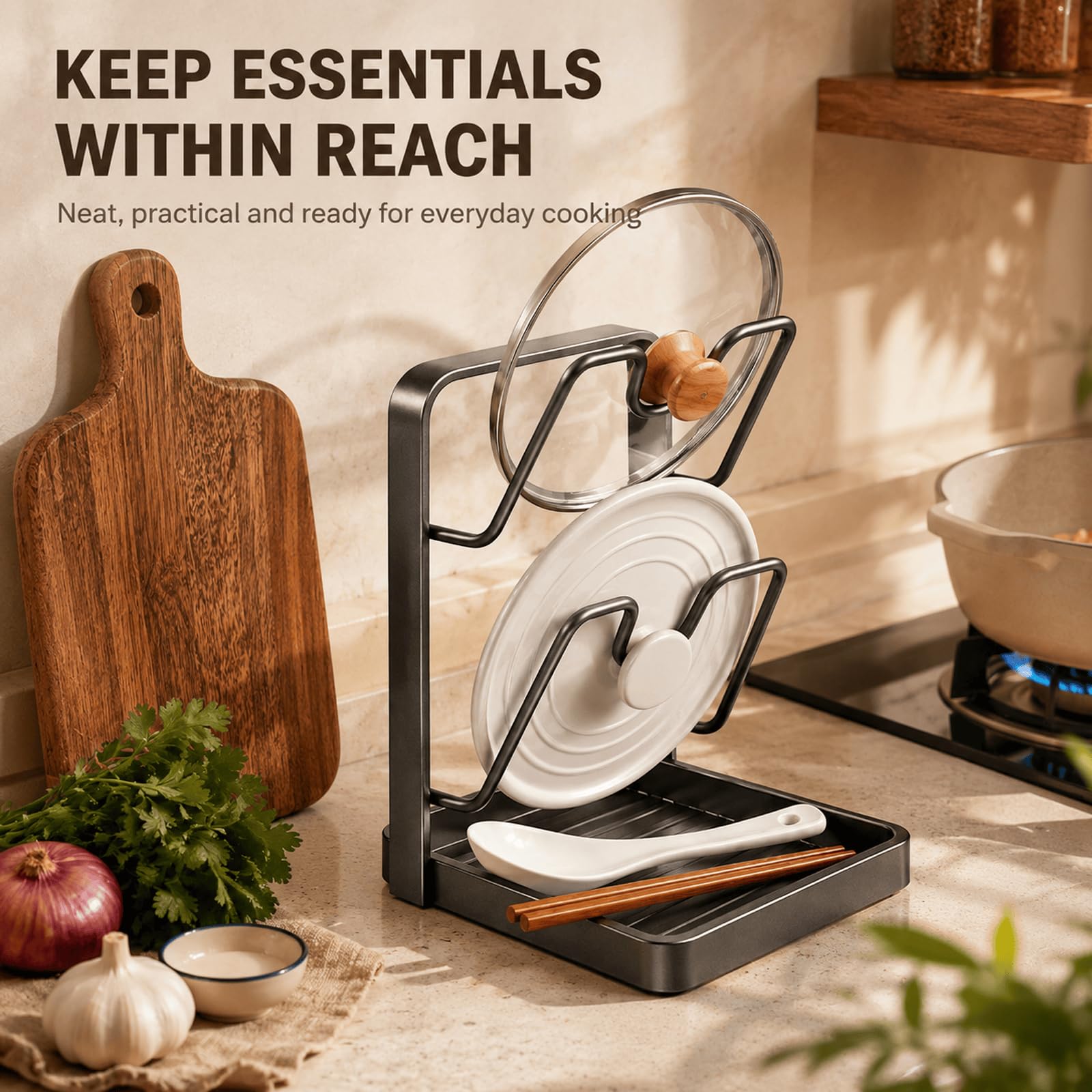 Multifunktionaler Topfdeckel Organizer, Kochlöffelablage und Schneidebrett Halter für Küche, kompakter Ständer für Deckel, Löffel, Spatel und Küchenhelfer,Beige- Three Floors
