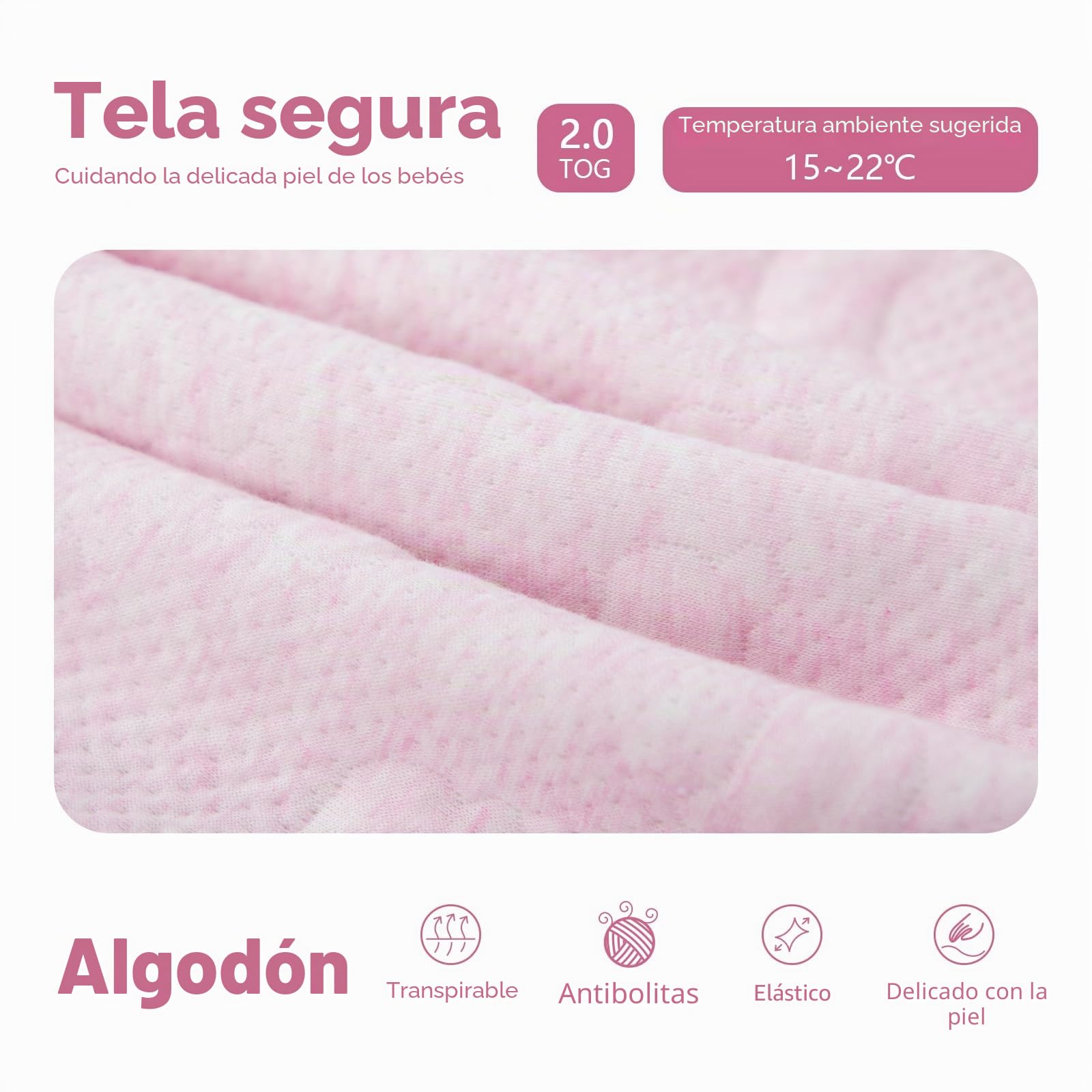 Saco Dormir Bebe Invierno 2.0tog. con Mangas extraíbles,100% algodón otoño e Invierno.1 a 3 años - Rosa
