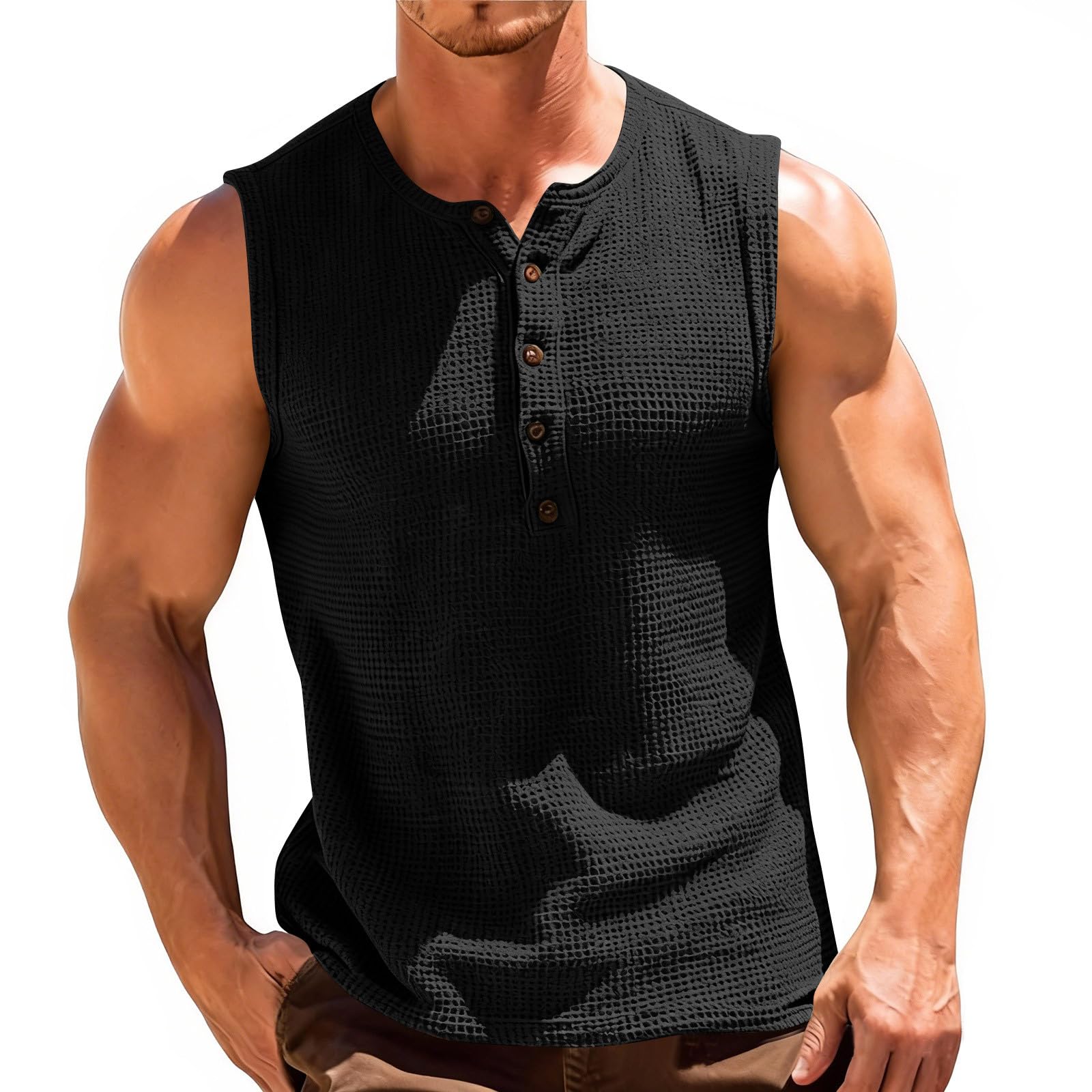 Aopir Men's #G04-Black Workout Tank Waffle Tops Sleeveless Muscle Shirts Slimming Body Shaper Vest For Athletic Running Gym