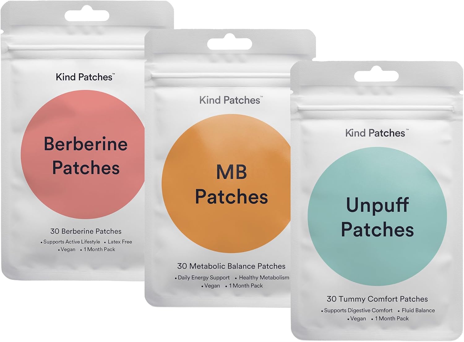 Kind Patches Trio - Unpuff, MB, and Berberine Patches - Vegan, Cruelty Free, Latex Free - 3 Pack, 90 Count