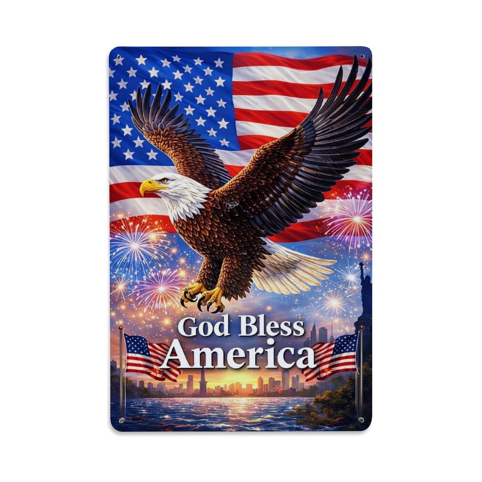 American Eagle Flag Fireworks Skyline Tin Sign Metal Poster Vintage Metal Signs for Home Man Cave Bar Cafe Kitchen laundry room Wall Decorations Gift 8x12Inch