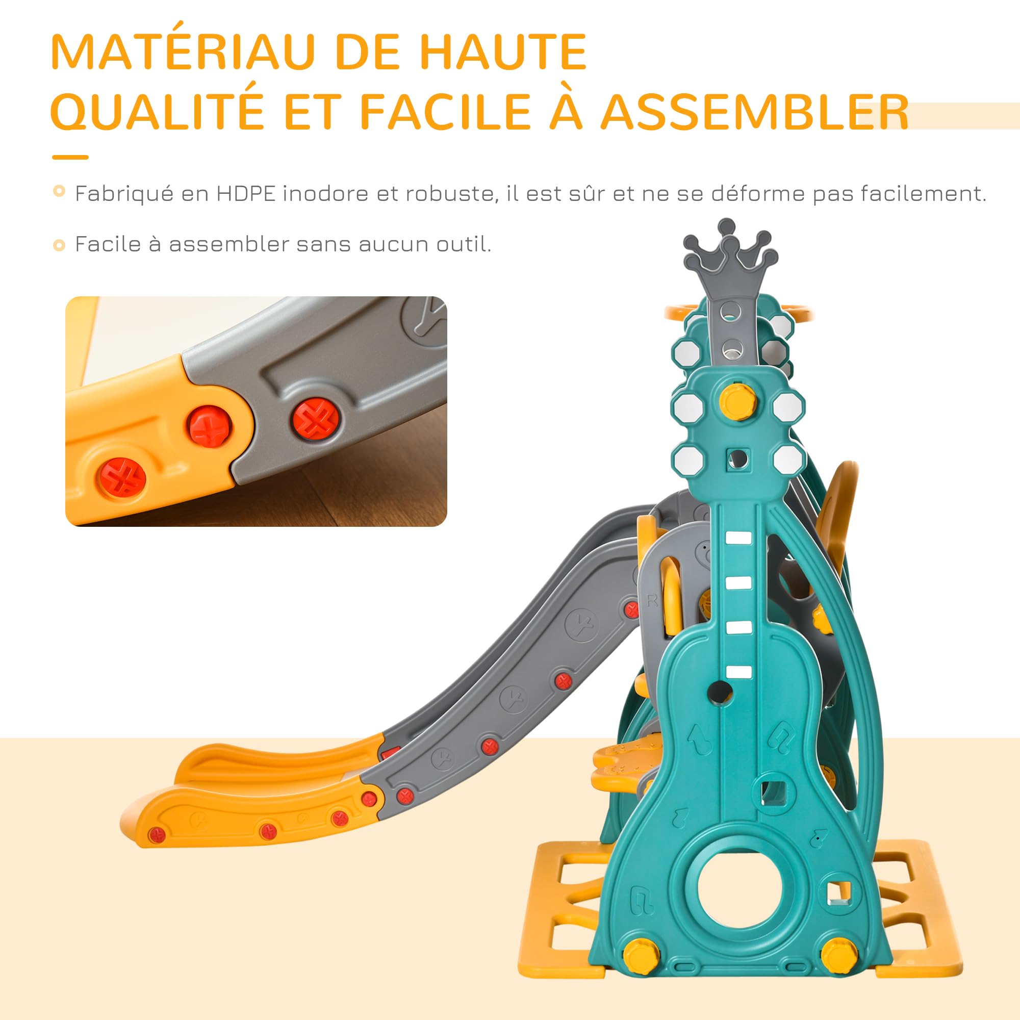 HOMCOM Toboggan Et Balançoire pour Enfants 4 en 1 Bleu Jaune | Aire de Jeux Pour Tout-Petits, Avec Panier De Basket, Siège Réglable En Hauteur, Extérieur et Intérieur