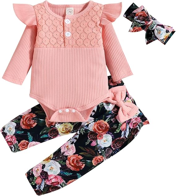 Barboteuse Bébé Fille Dentelle Été – Body Imprimé Floral Manches Volants + Bandeau, 0-18 Mois