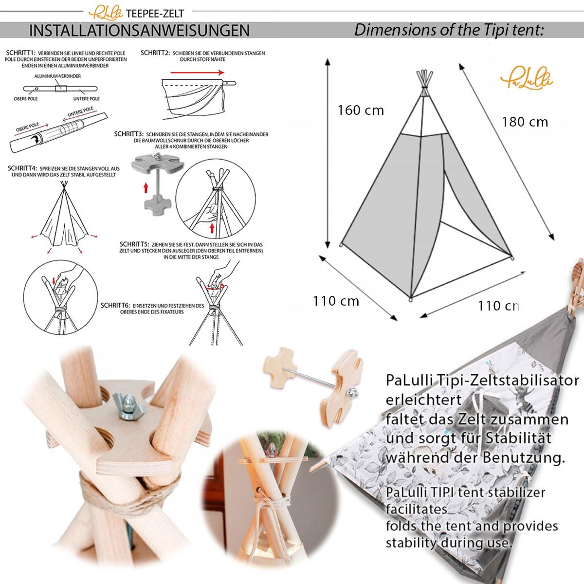 PaLulli® Tipi Zelt für Kinder aus 100% Baumwolle mit Kuschelmatte, Anti-Kollaps-System [Stabil], Camping-Hängelampe & 2 Dekokissen, Tippi Kinderzelt Teepee Spielzelt (Grau Sterne)