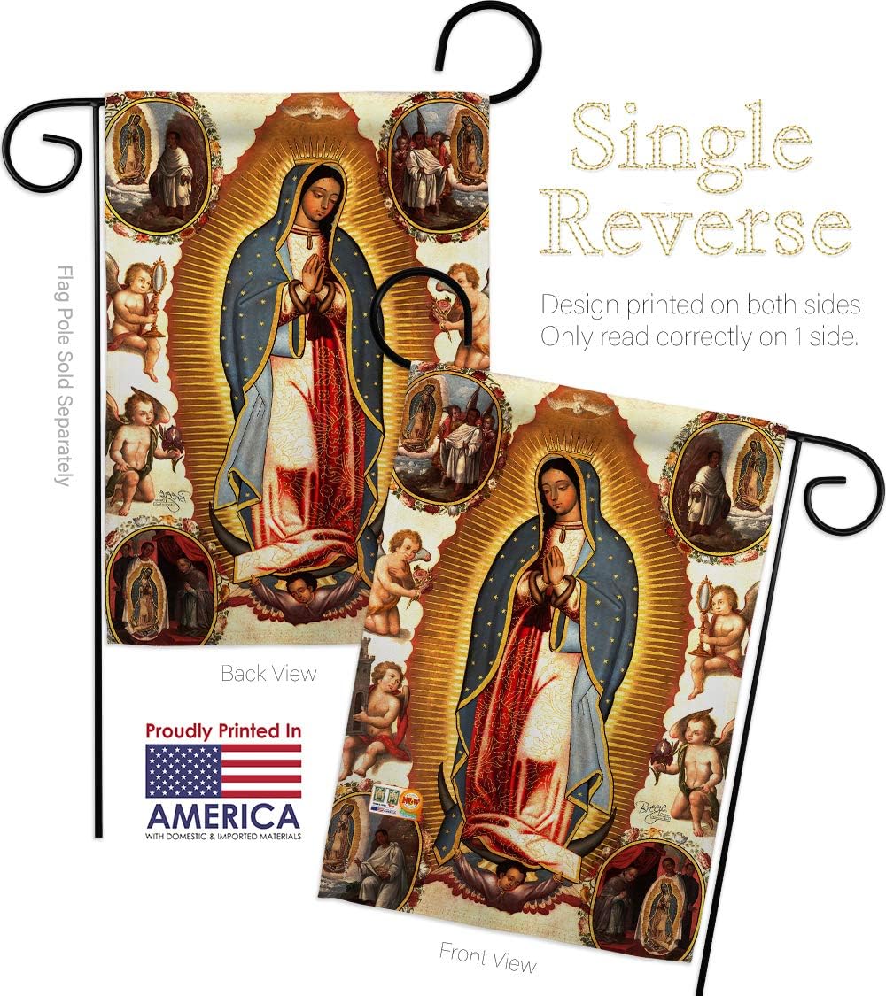Our Lady of Guadalupe Garden Flag Set with Stand Religious Faith Hope Grace Peace Dove Christian Religion Easter Small Decorative Gift Yard House Banner Made In USA 13 X 18.5