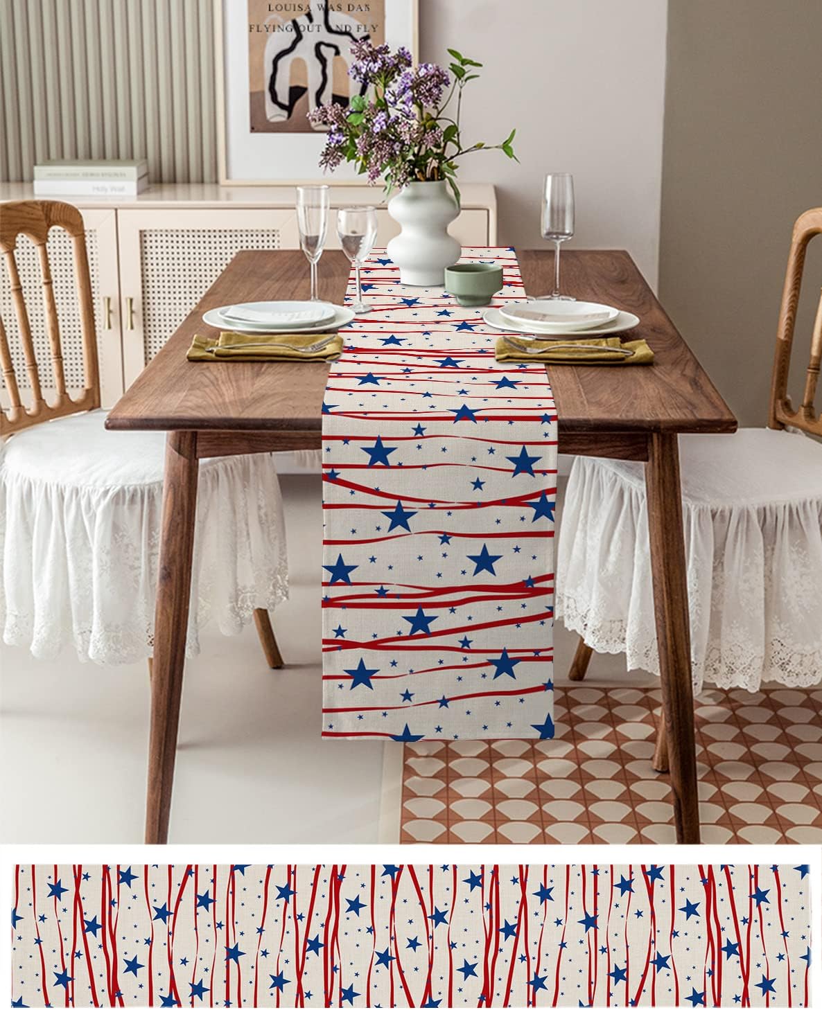 Table Runner, 4th of July Patriotic Independence Day Blue Star Red Stripe Cotton Linen Table Runners for Dinner, Party, Wedding, Catering Events, Holiday, Farmhouse, Dresser Scarves Decor 13x120 inch