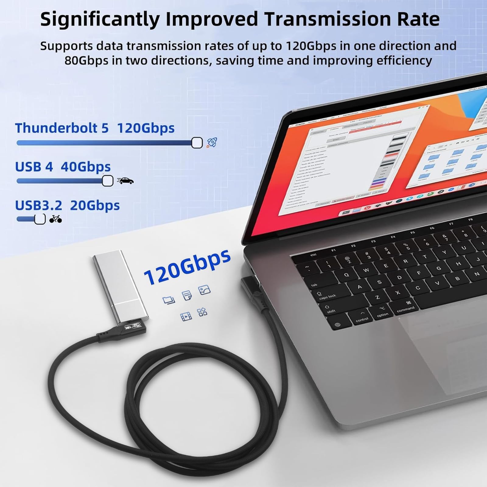 Cable USB C a USB C, acodado (240 W, 120 Gbps, 16 K, 2 m)