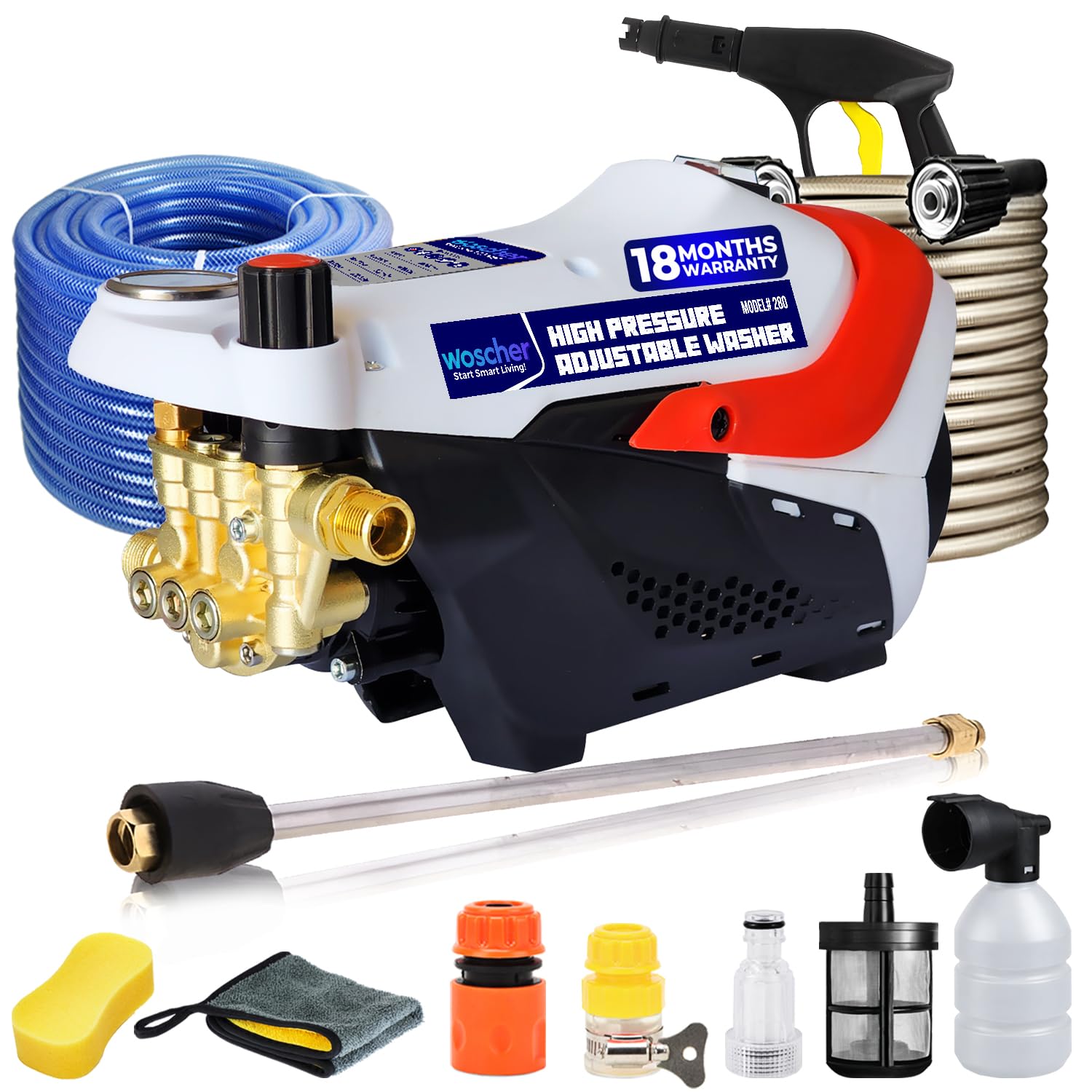Woscher Car Washer, Adjustable High Pressure Gun, Washing Pump for Car, Bike and Home Use Cleaning, 18 Months Warranty, 2200 Watts, 160 Bars