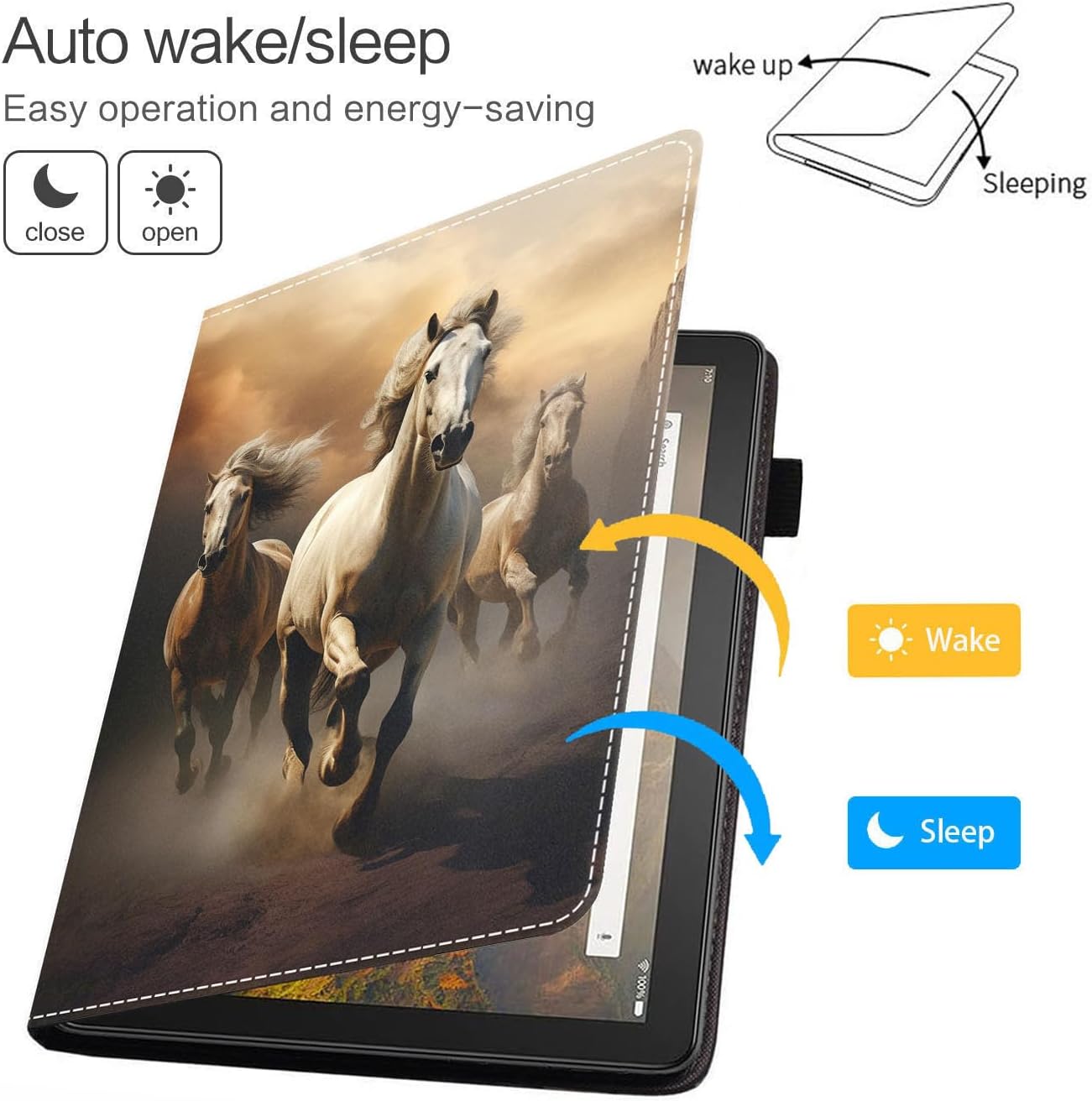 Case for All-New Amazon Fire HD 10 & 10 Plus Tablet 10.1" (13th/11th Generation, 2023/2021 Release) - Slim PU Leather Folio Smart Cover with Auto Wake/Sleep, Running Horse