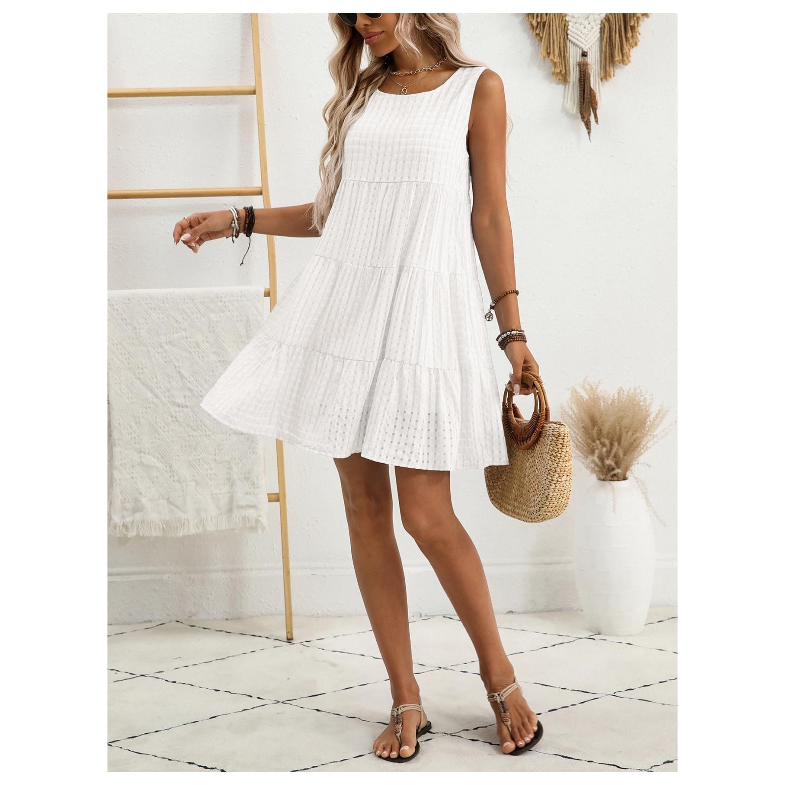 Vestito Abito Estivo Scozzese Senza Maniche Ampio, Casual E Fluido da Donna-Bianco-XXL