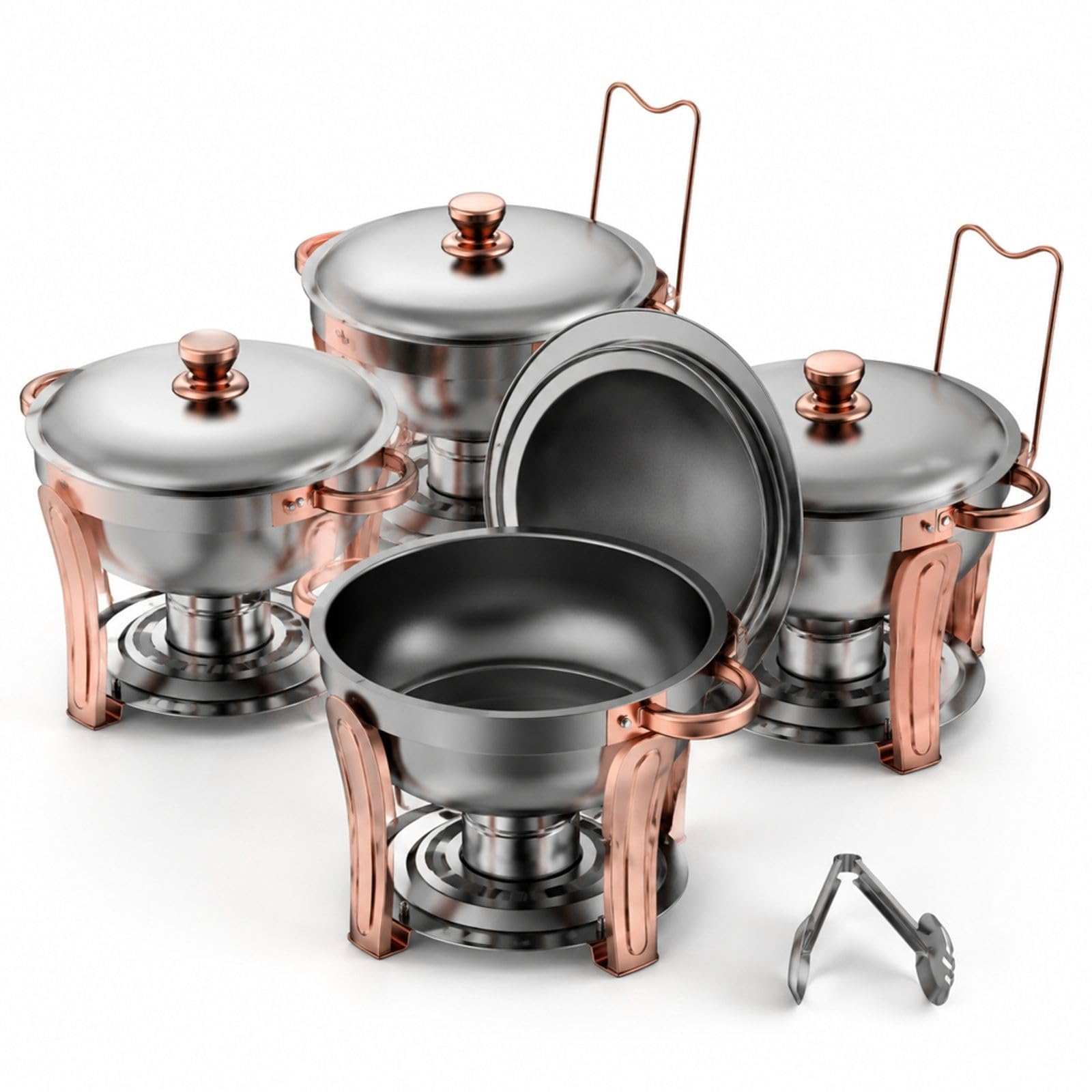Chafing Dish Set aus Edelstahl, 4 Stück 4,7 L in Roségold mit Deckel für Buffet und Catering