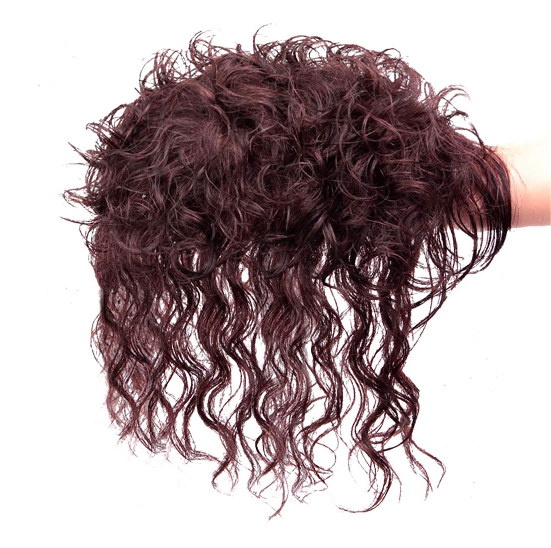 Curly Human Hair Topper with Bangs 15 x 17cm Large Base Wiglet Hairpieces for Women with Thinning Hair, 2# Dark Brown