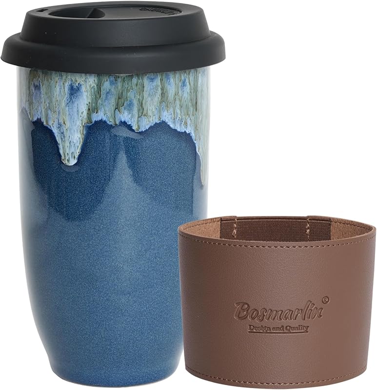 Bosmarlin Ceramic Travel Coffee Cup with Lid, 16 Oz, Portable Coffee Mug for Car Cup Holder, Microwave and Dishwasher Safe, Reactive Glaze (Deep BLue, 16 Oz)