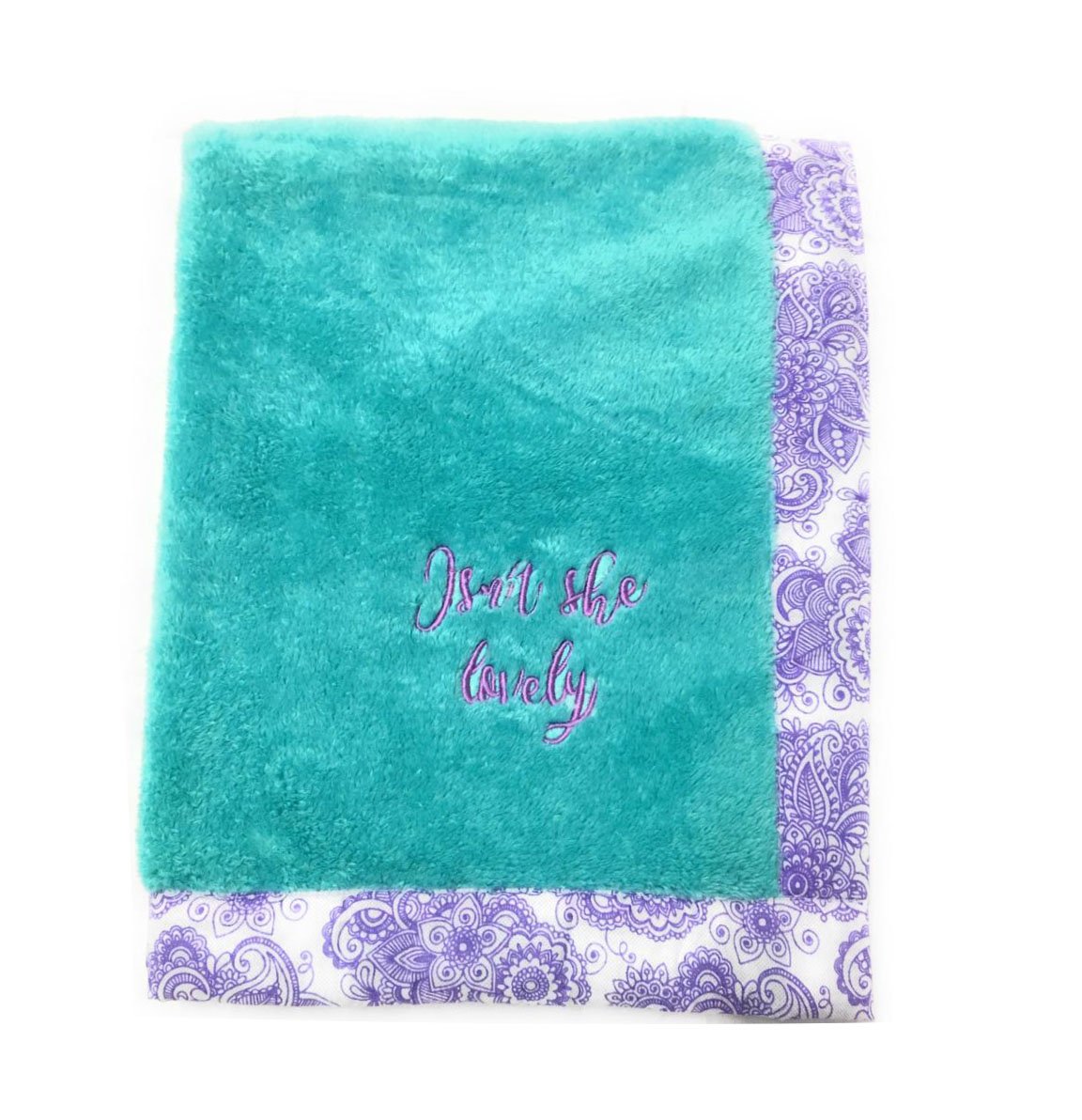 Bacati - Paisley Floral Plush Embroidered 30 x 40 inches Baby Blanket (Aqua/Coral Scroll Aqua)
