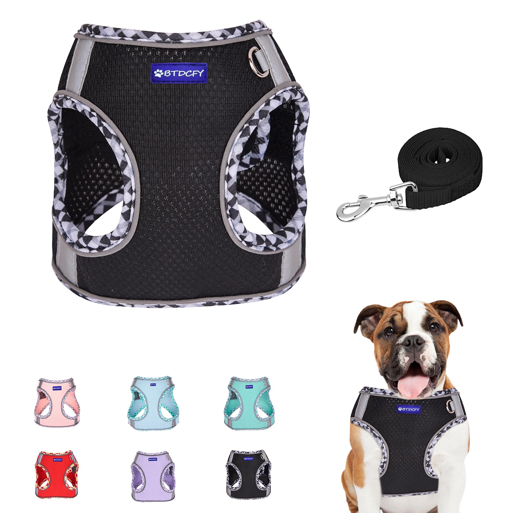BTDCFY Step in Mesh Dog Harness and Leash Set, Breathable Air Mesh, Reflective, Escape Proof, No Choke, Lightweight, Black, M(neck:12"-13.5",chest:16"