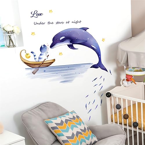 Miniatura 4 de sacinora - Calcomanías de pared con diseño de delfín y gatito, calcomanías de pared de animales marinos morados, extraíbles para niños, bebés,