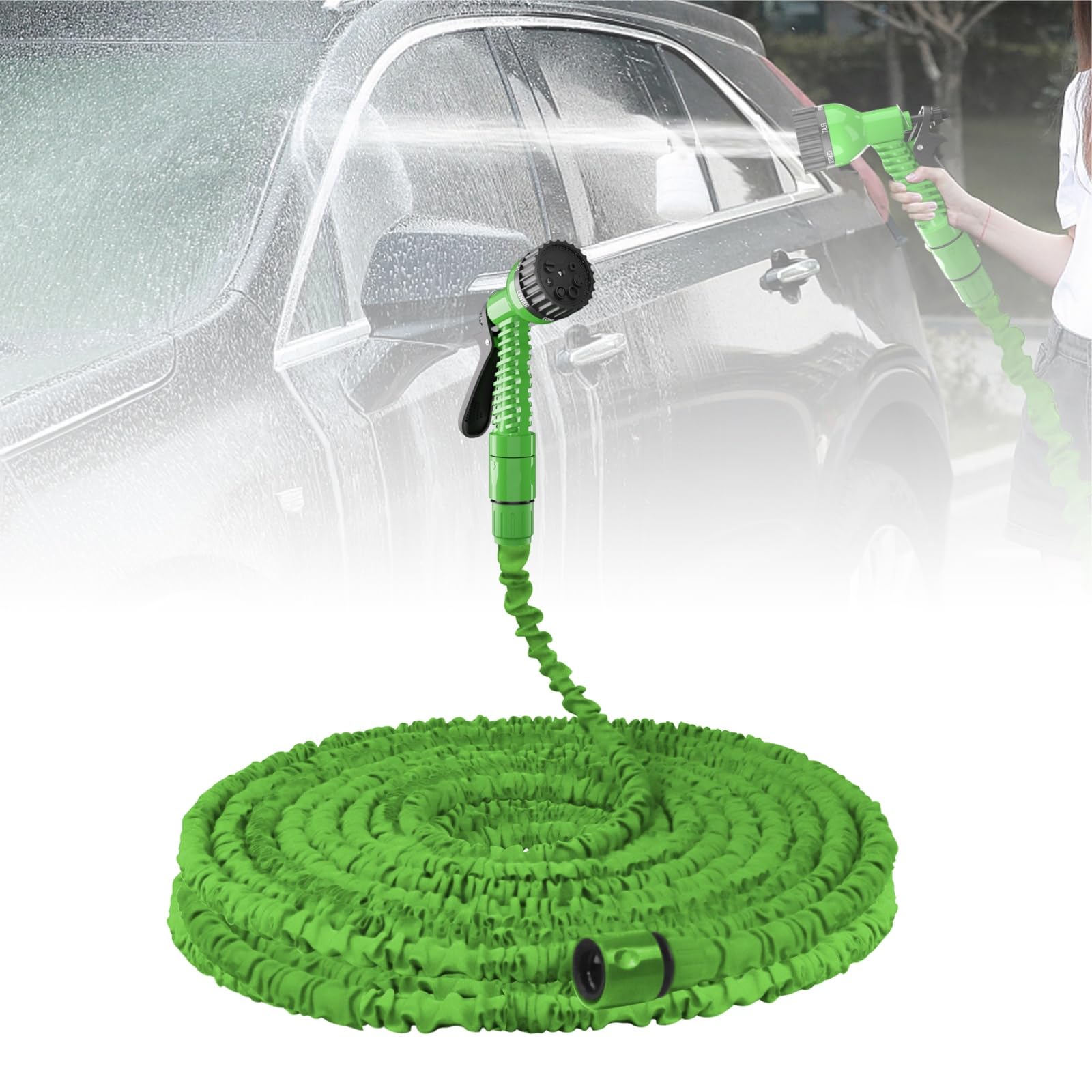 Expandable Garden Hose Pipe 100FT Flexible Expanding Magic Hose with 7 Function Spray Gun,3/4",1/2" Fittings,Lightweight Retractable Garden Water Pipe for Car Washing Flower Lawn Watering,Green