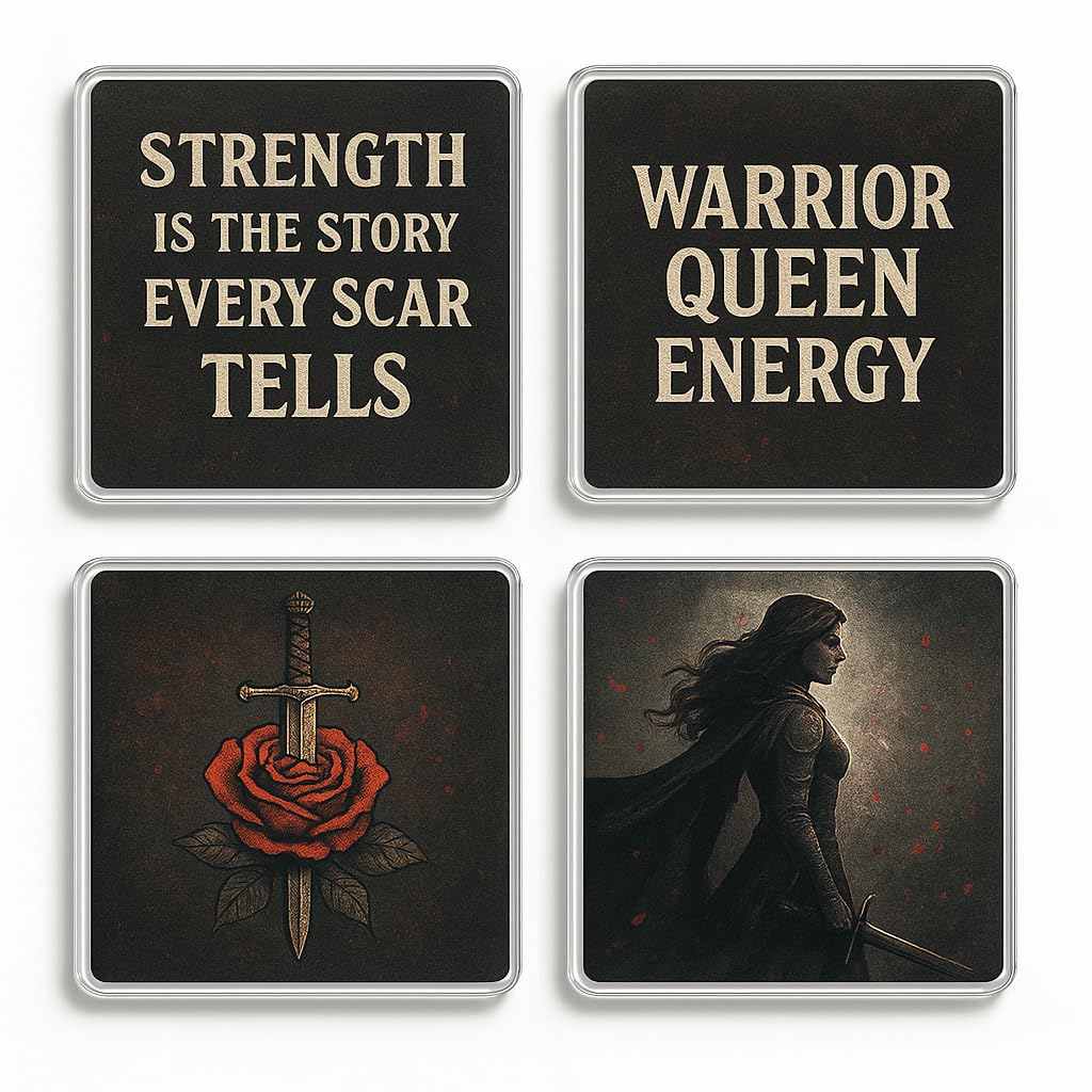 The Plum Penguin Blood & Steel Acrylic Coaster Gift Set Of 4 With Warrior Romance Design - Empowering Book Lover Decor For Bibliophile Delight