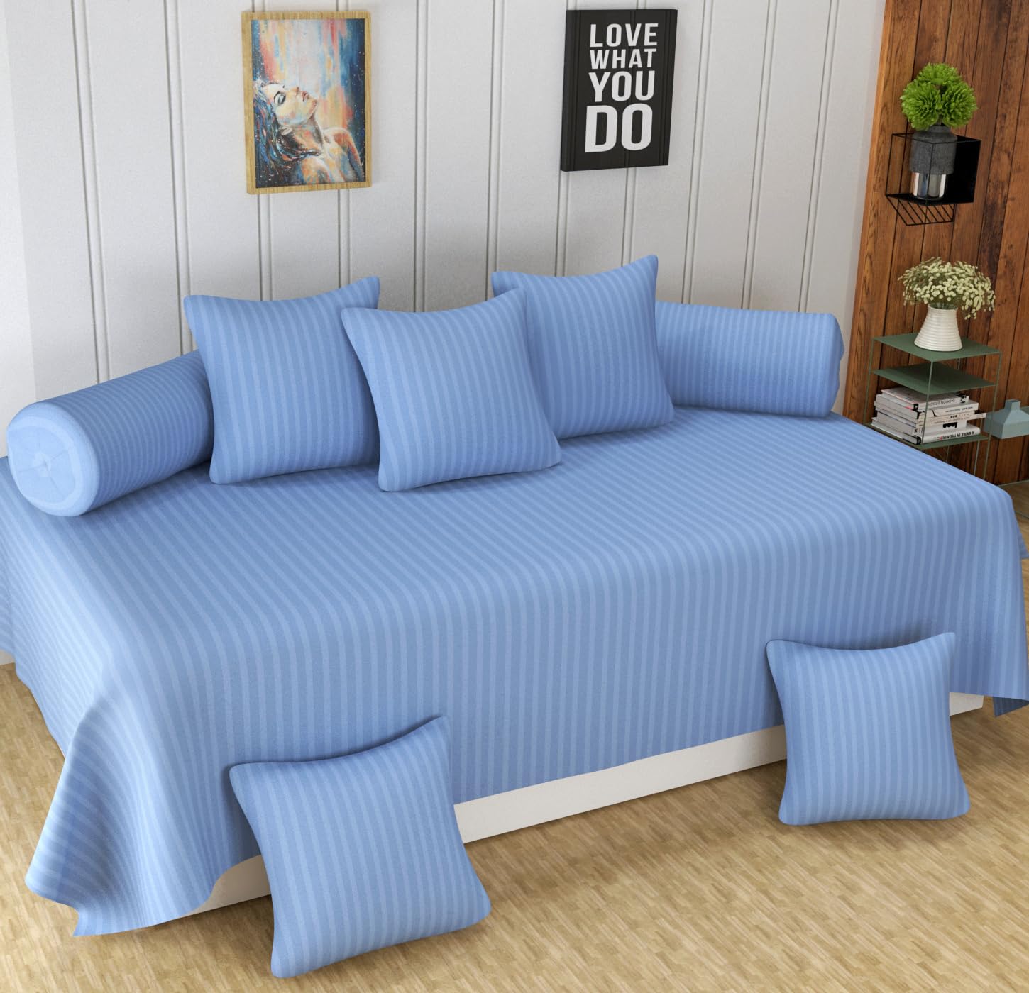 Homefab India 160 TC Stripe Glace Cotton Diwan Set - 8 Piece - Sky Blue