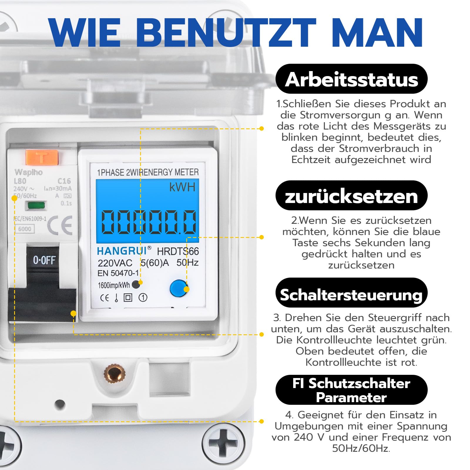 230VAC 16A Mobiler Digitaler Stromzähler für Steckdose mit FI Schutzschalter Typ A,230V IP44 Schuko Stecker,Zwischenzähler Strom mit IP67 Stromzählergehäuse