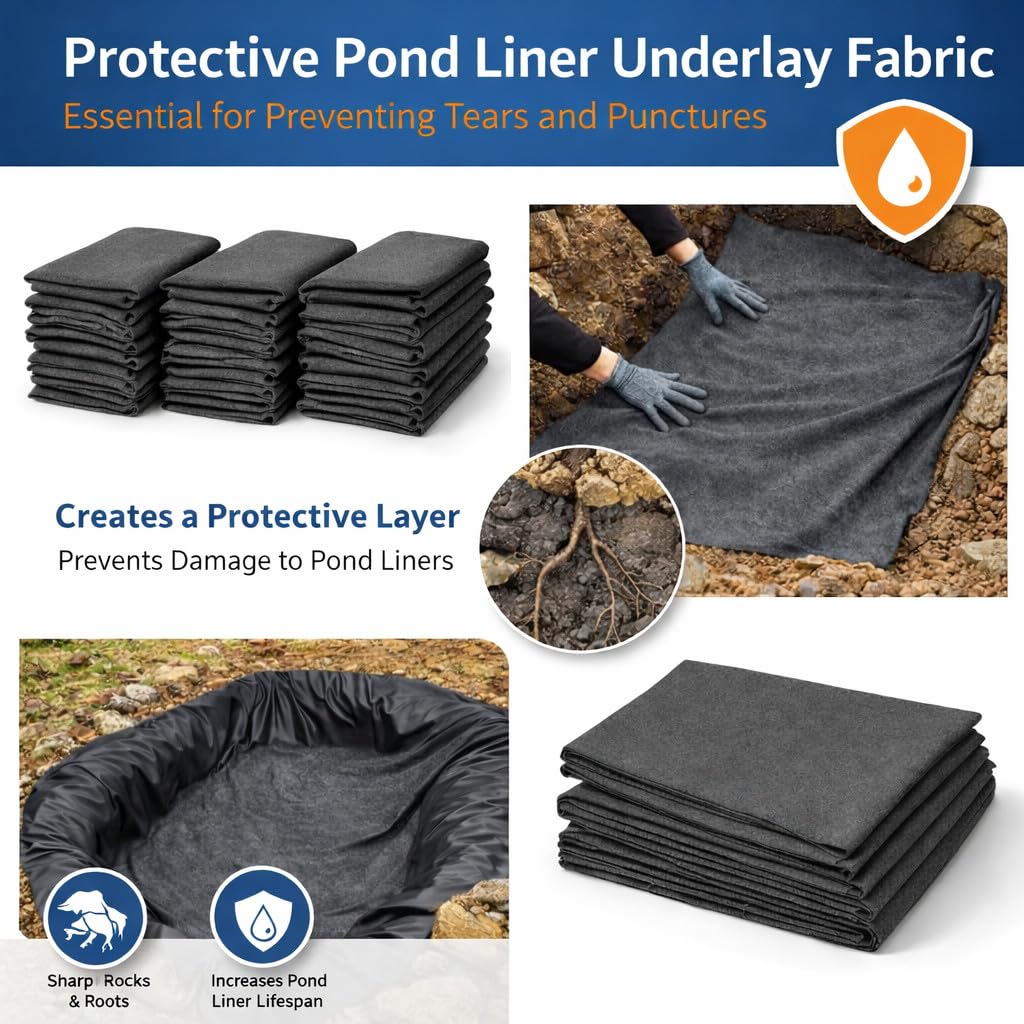 Pond Liner Underlay 3 m x 5 m 50 GSM Geotextile Fabric - Protective Fleece Ground Mat for Garden Ponds - Fits PVC EPDM Rubber Pond Liners - Cushions Against Stones, Roots - Easy Cut and Fit - 3