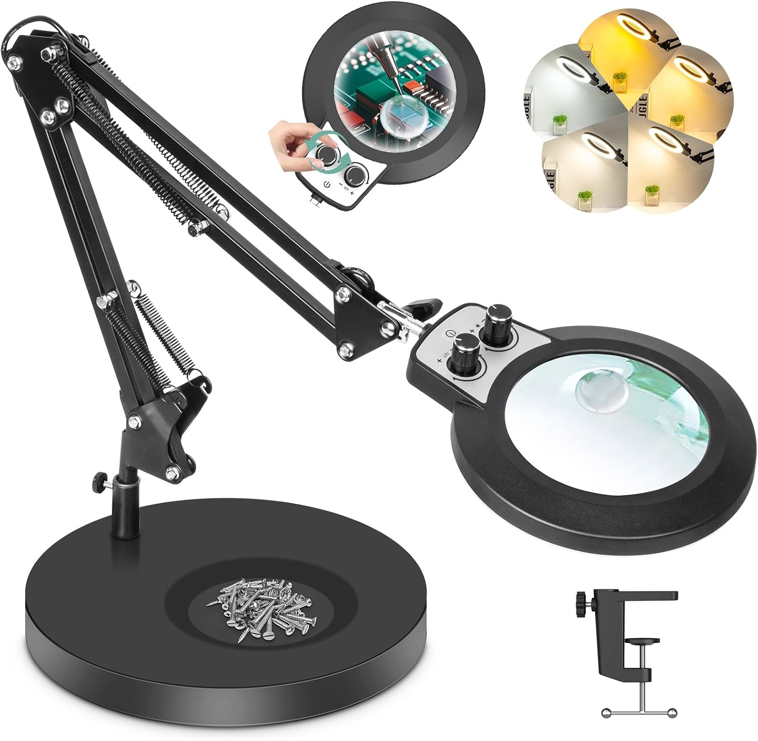12X Magnifying Glass with Light and Stand, Any Color Modes & Stepless Dimming Magnifying Lamp, 2-in-1 Hands Free LED Lighted Magnifier for Craft Sewing Close Work(12X Circular Base&Clamp(Blue)