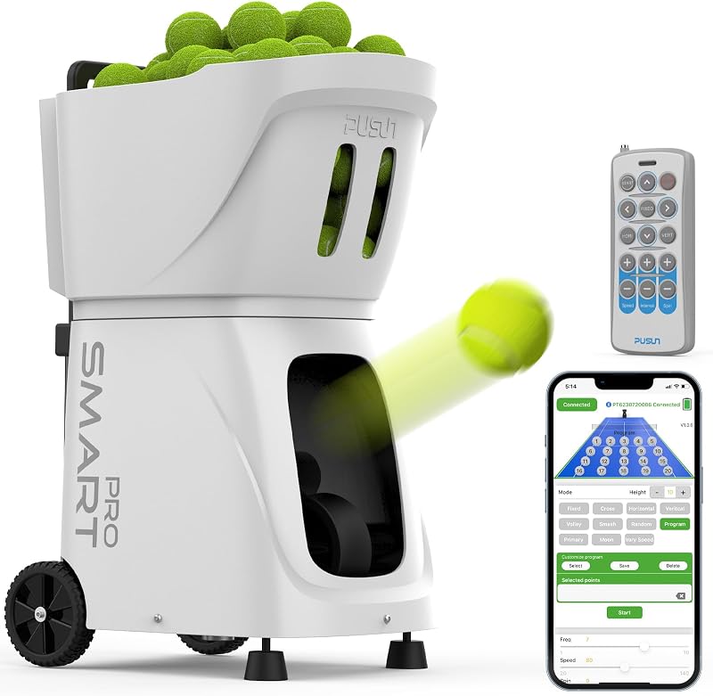 PT-Smart Pro Tennis Ball Machine, Internal Oscillation Ball Launcher with App for Apple Watch Control, 110+ Ball Capacity, 20 Landing Points, Up to 75 MPH, Portable Trainer for All Levels