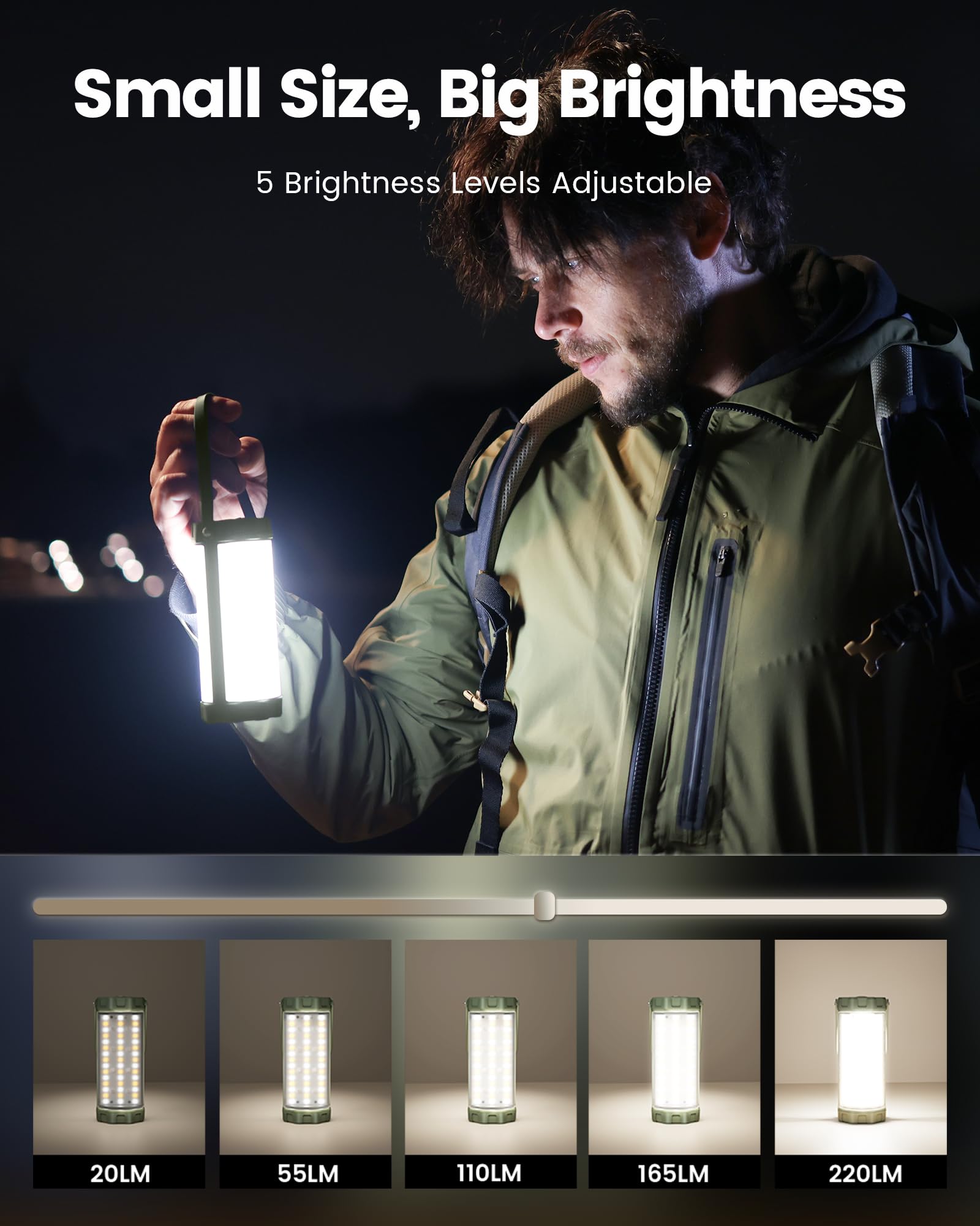 Glocusent Lanterna da Campeggio 106LED con 5 Luminosità 3 Modalità, 1200LM Lampada Ricaricabile 5000 mAh per 120 Ore, Impermeabile IP68, per Campeggio, Escursionismo, Pesca, Emergenza, Tenda (Verde)